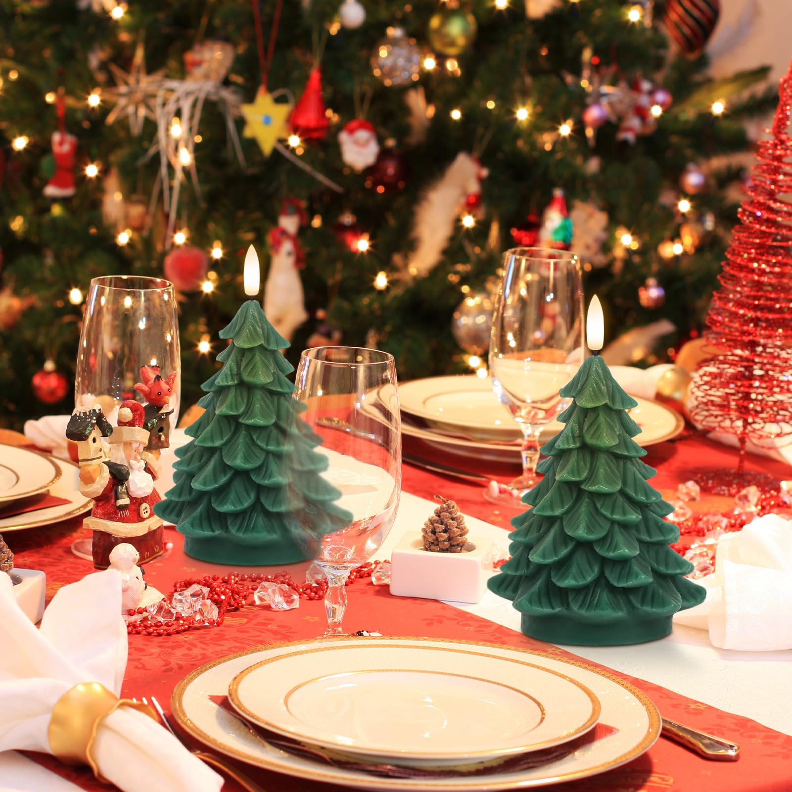 Eldnacele Christmas Tree Flameless Candle With 6 Hour Timer, Battery Operated Real Wax 3D Wick Flickering Pillar Green Led Candl