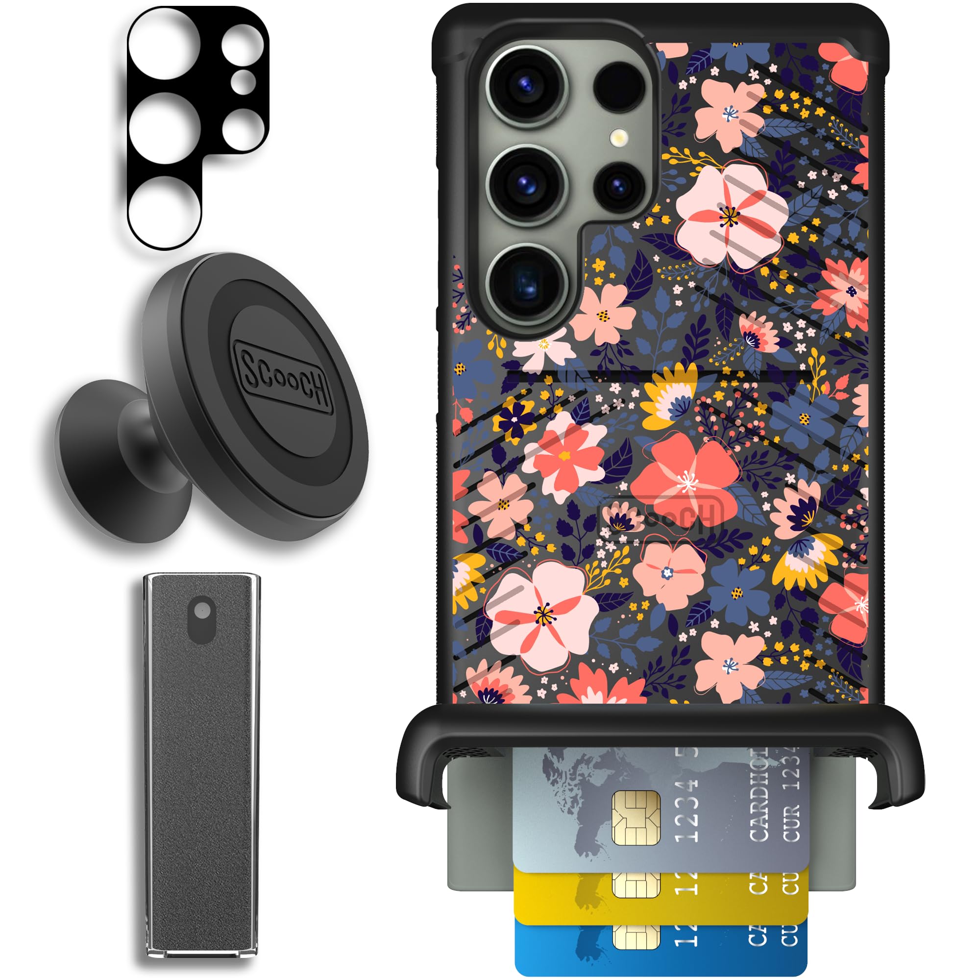 Scooch Wingmate for Galaxy S23 Ultra [Defender Bundle] Camera Lens Protector, Wingmount, Tech Spray (Wildflowers)