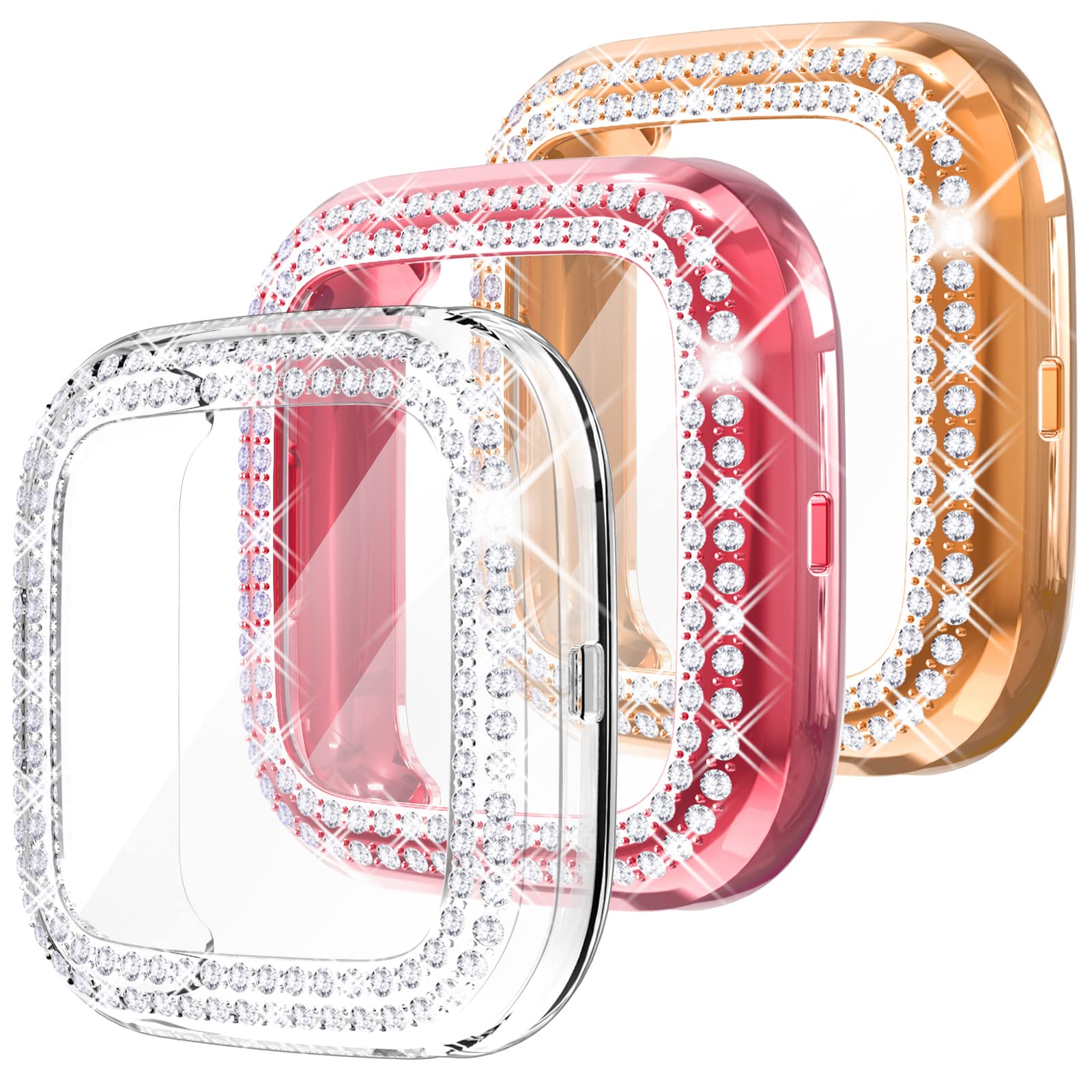 Fullife 3 Pack Tpu Bumper For Fitbit Versa 2, Crystal Diamond Bling Cases Hd Full Protective Case Cover Scratch Resistant Shock