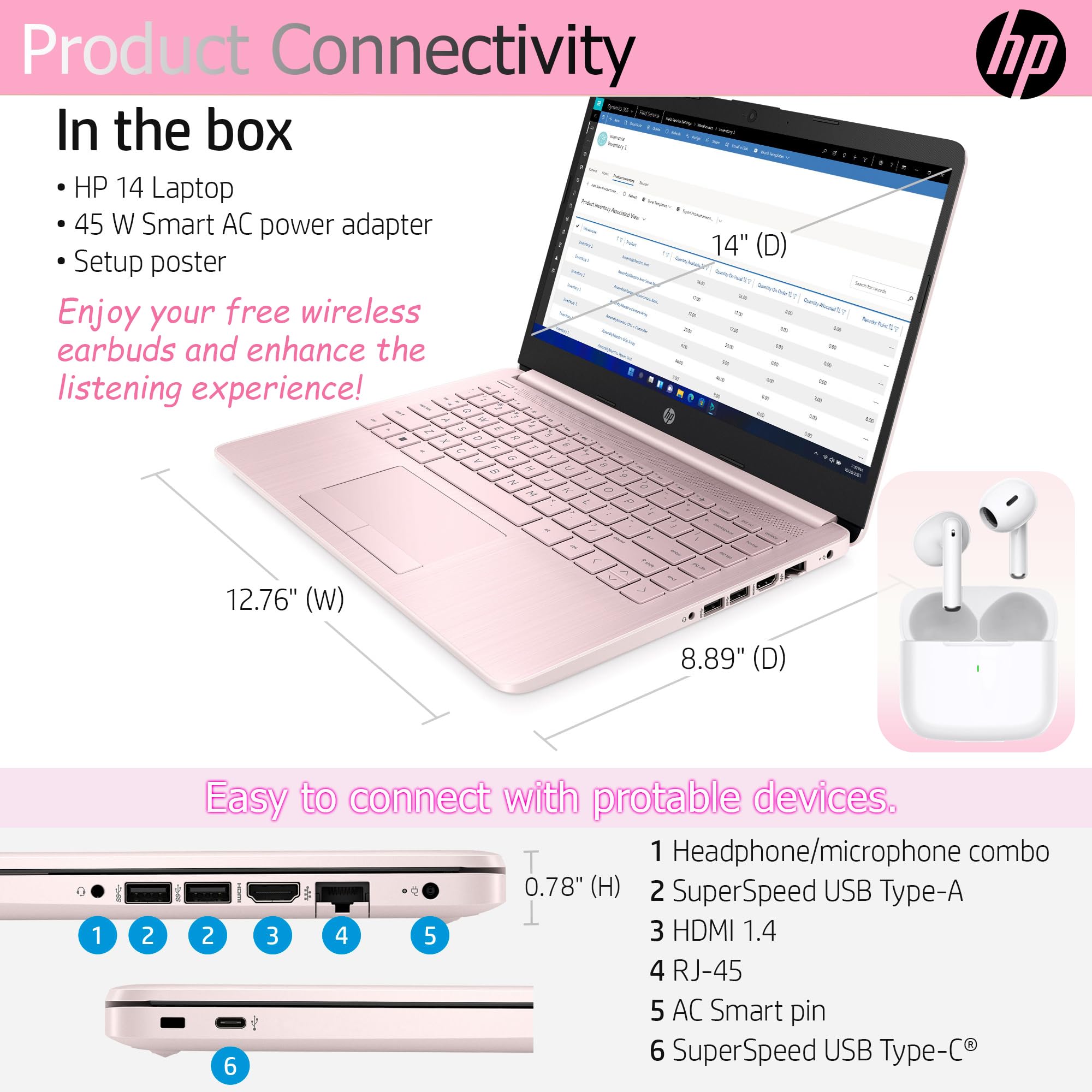 Hp Ultralight 14 Inch Laptop With Intel 4 Core Processor With Microsoft 365 And Wireless Earbuds 8Gb Ram 128Gb External & 64Gb O