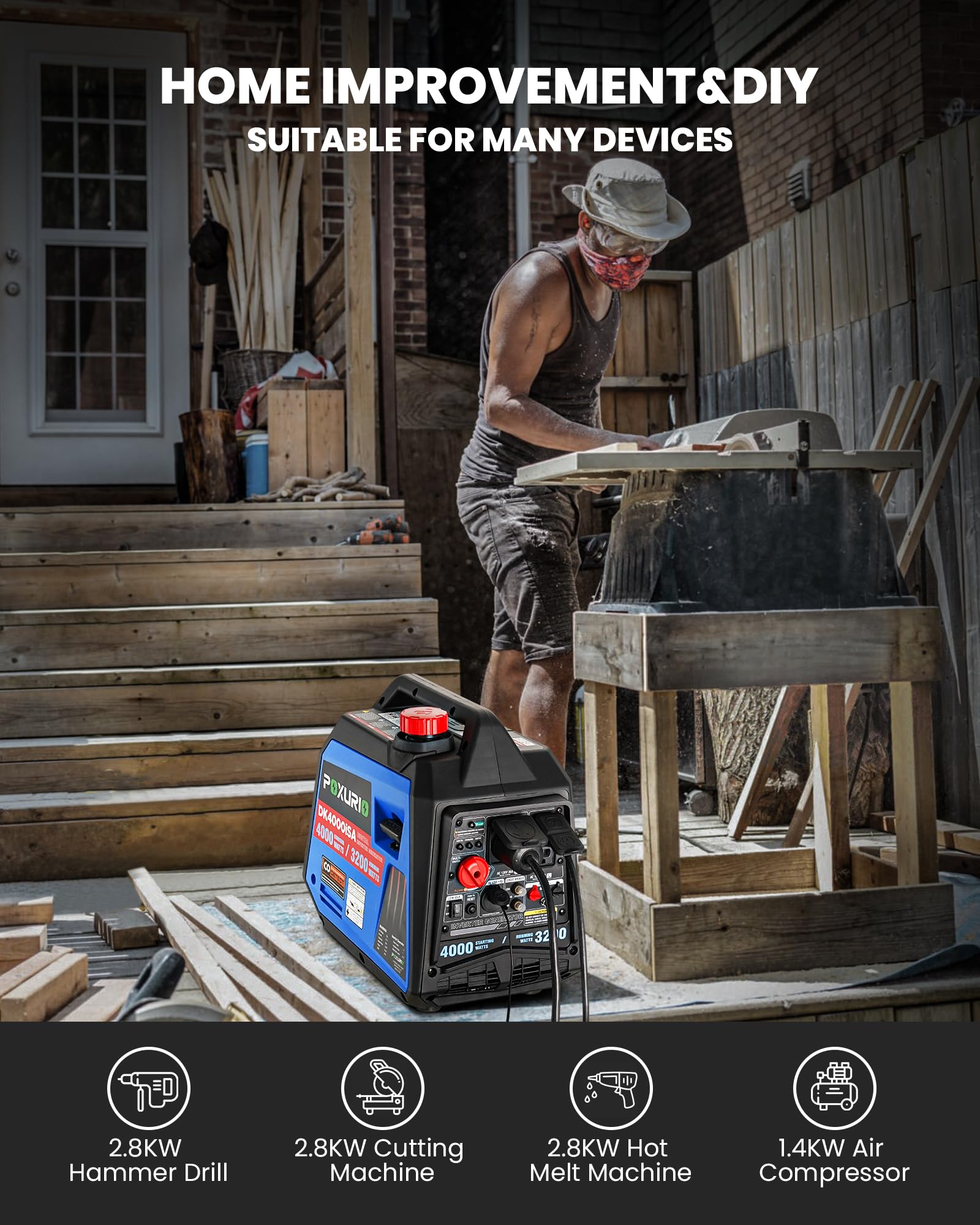 Poxurio 4000 Watt Inverter Generator, 120V Gas Powered Generator Super Quiet, Co Alarm/Rv Ready/Epa For Rv, Camping And Home