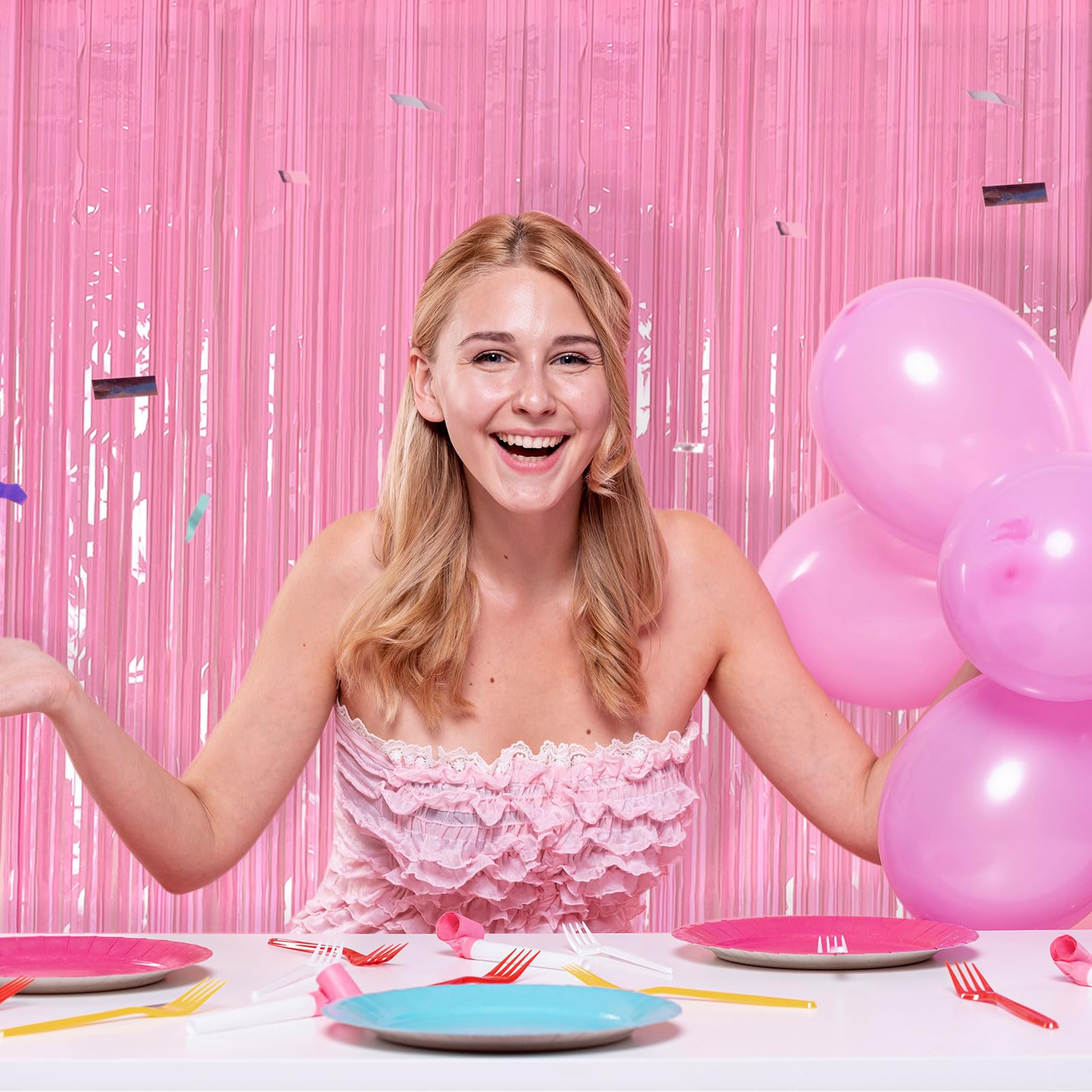 2 Pack Party Backdrop Decorations Pink Tinsel Curtain Party Backdrop Foil Fringe Birthday Decorations Photo Booth Streamer Backd