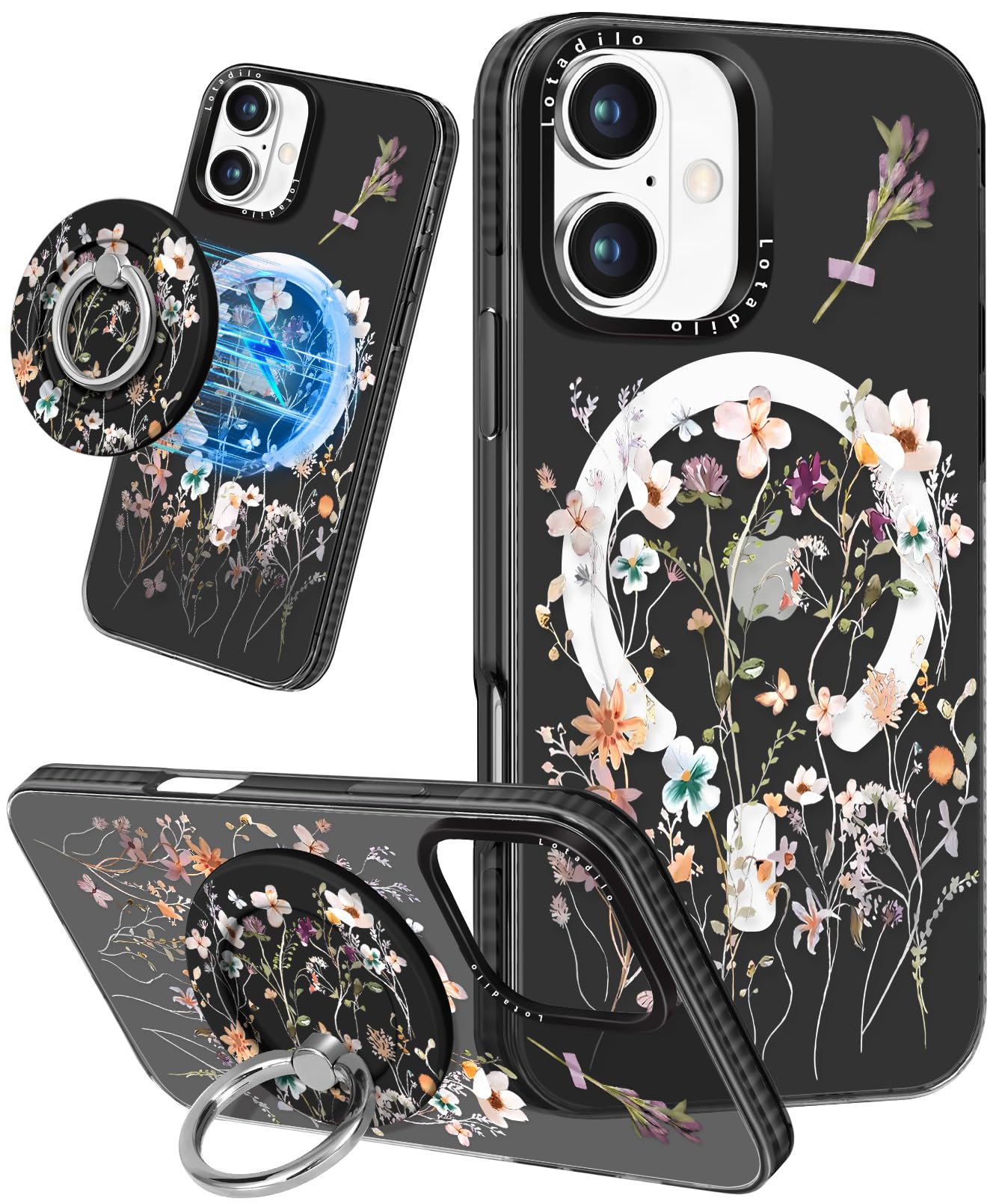 Lotadilo Case for iPhone 17 Case Compatible with Magsafe Ring Holder Stand - for Women Dried Flower Design TPU Phone Cover for G
