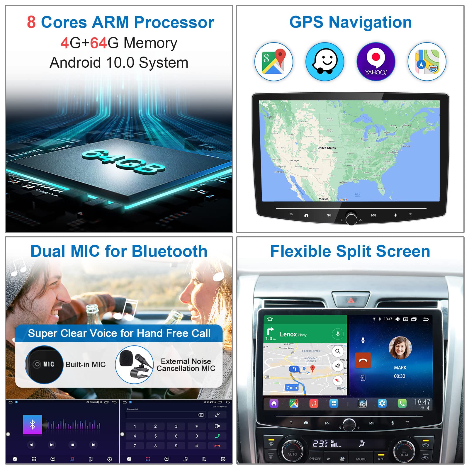 Double Din Car Stereo Wireless Carplay Android Auto 4G+64G 8 Core Detachable 10 Inch Touchscreen Car Radio Dual Bluetooth Am Fm