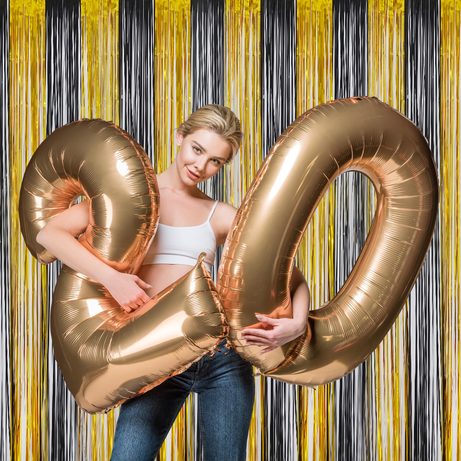 Melsan Black And Gold Party Streamers Decoration   3.2Ft X 8Ft Glitter Foil Fringe Curtain For New Year Eve, Anniversary, Retire