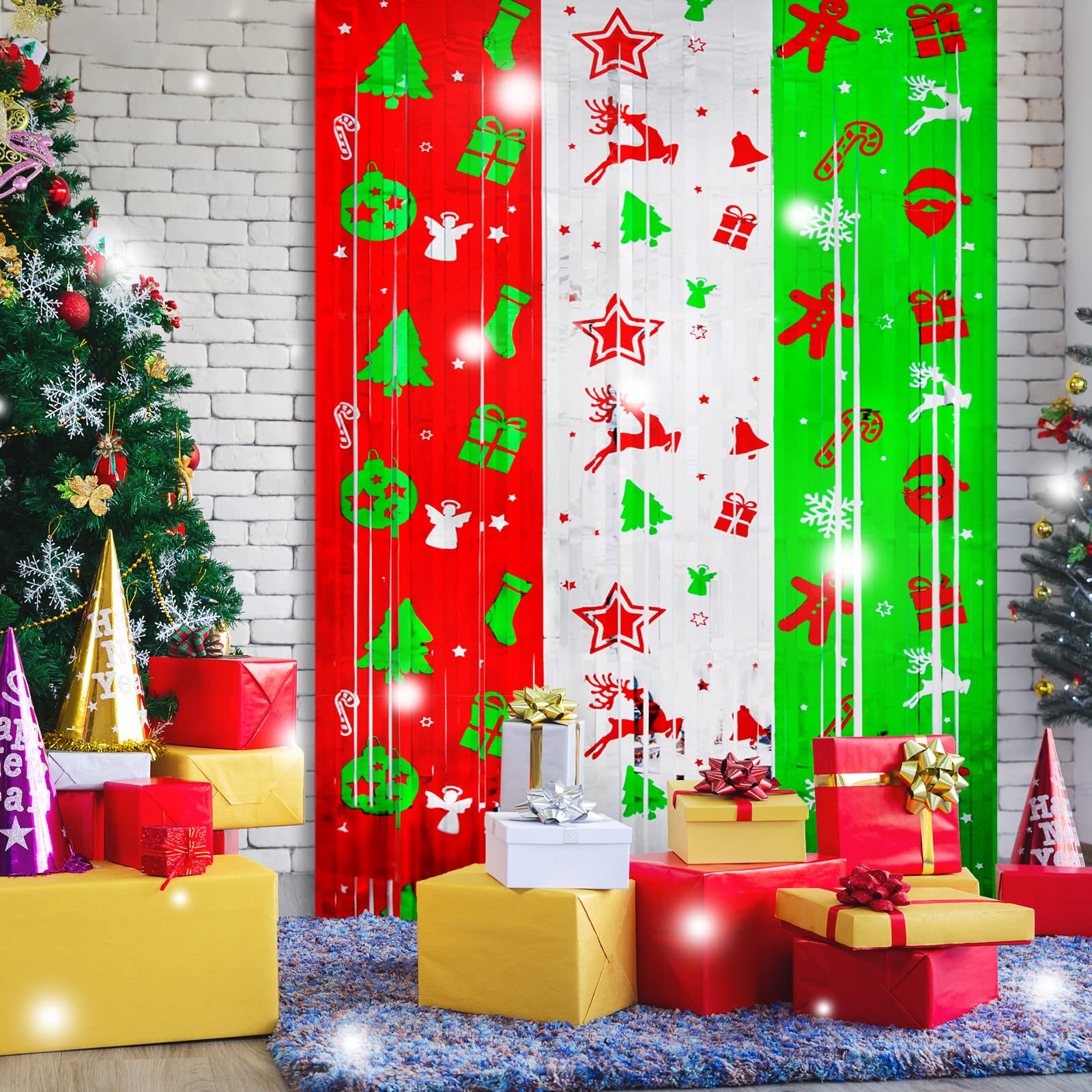 Lolstar Foil Fringe Curtains   Christmas Themed Red, Silver, Green   3.3 X 6.6 Ft Photo Backdrop For Ugly Sweater Parties