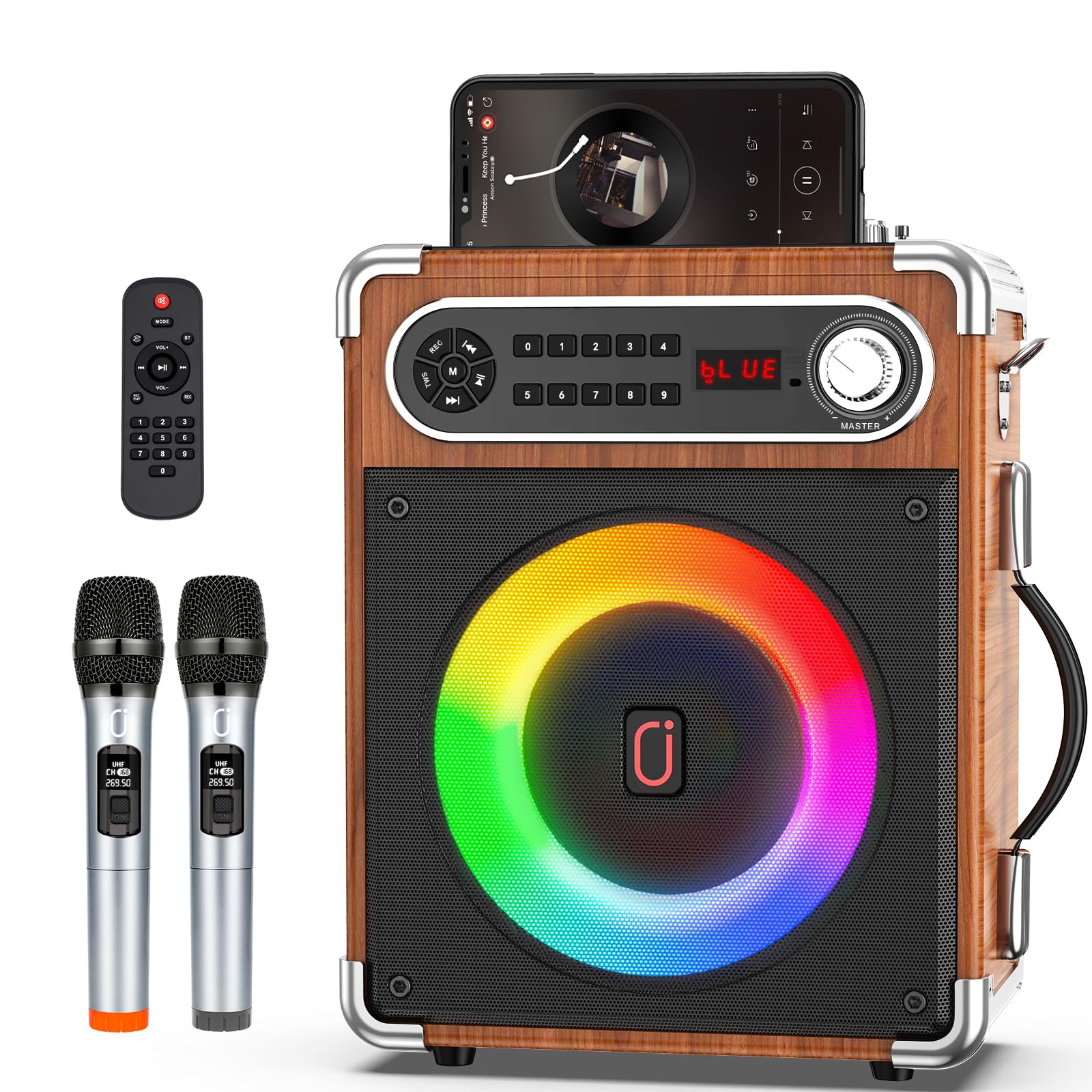 Jauyxian Bluetooth Speaker With Two Wireless Microphones, Outdoor Speaker With Subwoofer/Tweeter, Portable Pa Speaker System Wit