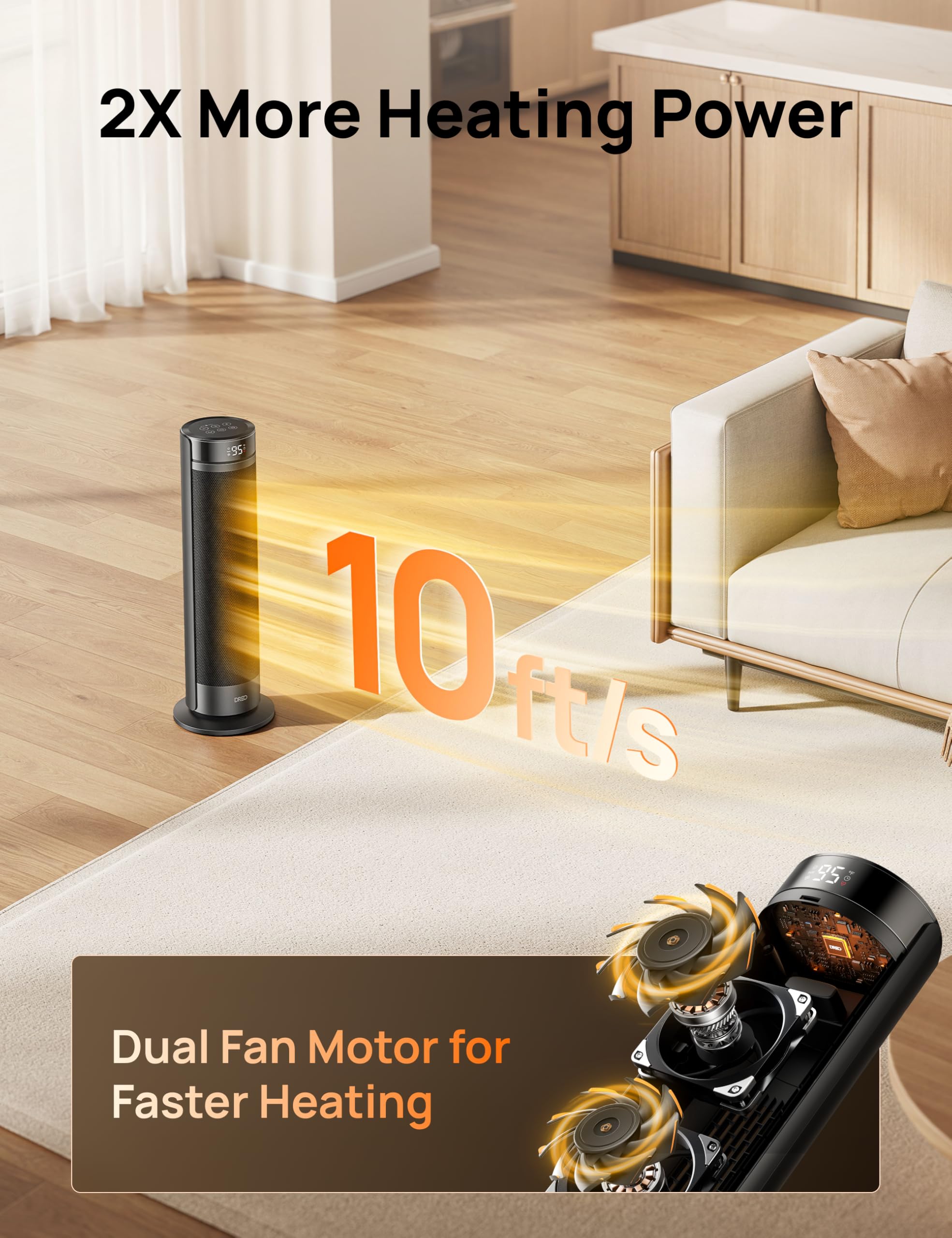 Dreo Space Heater For Large Room, 23 Inch Electric Heaters For Indoor Use, 8 Safe Protection Tower, 70 Oscillation, Ptc Ceramic