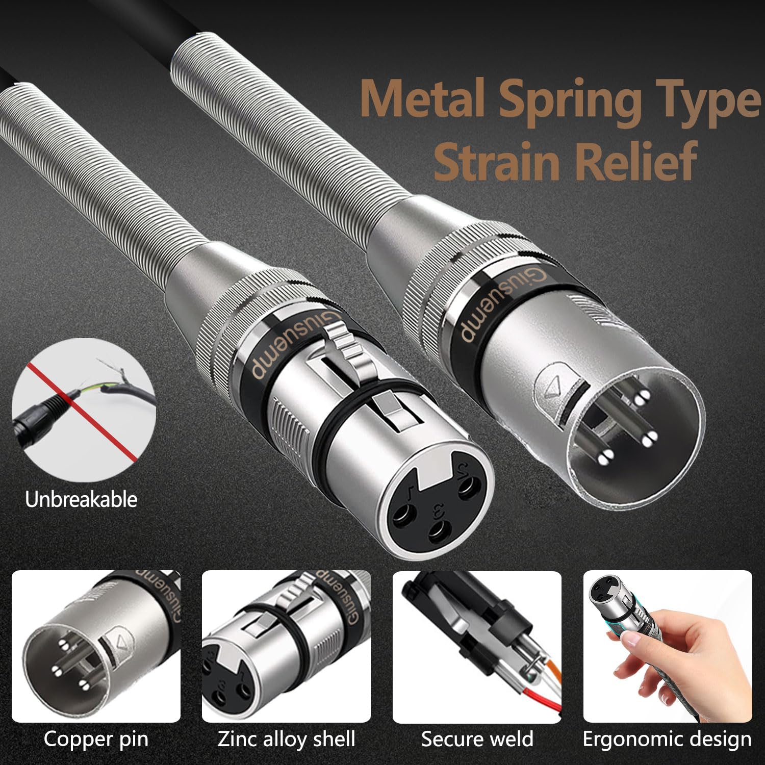 Giusuemp Xlr To Xlr Microphone Cable 3Ft, Premium Male To Female Xlr Cable, 3 Pin Balanced Shielded Mic Speaker Cable, Metal Spr