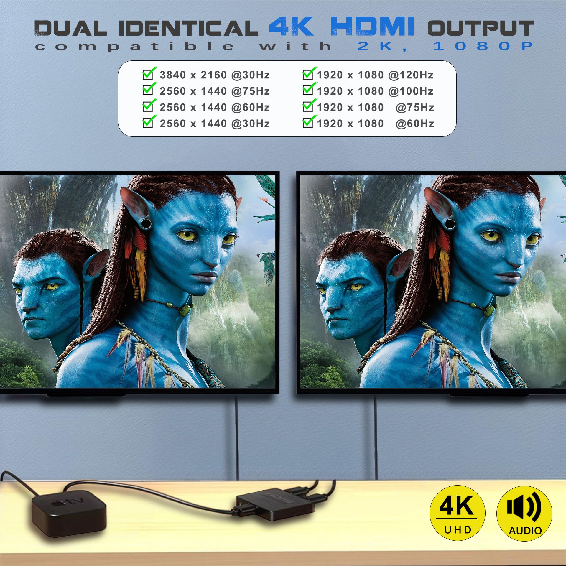 4K Hdmi Splitter 1 In 2 Out Mirror Display Not Expand, Dual Hdmi Splitter Hub To Dual Monitors Multi Scree Displays Audio Synchr