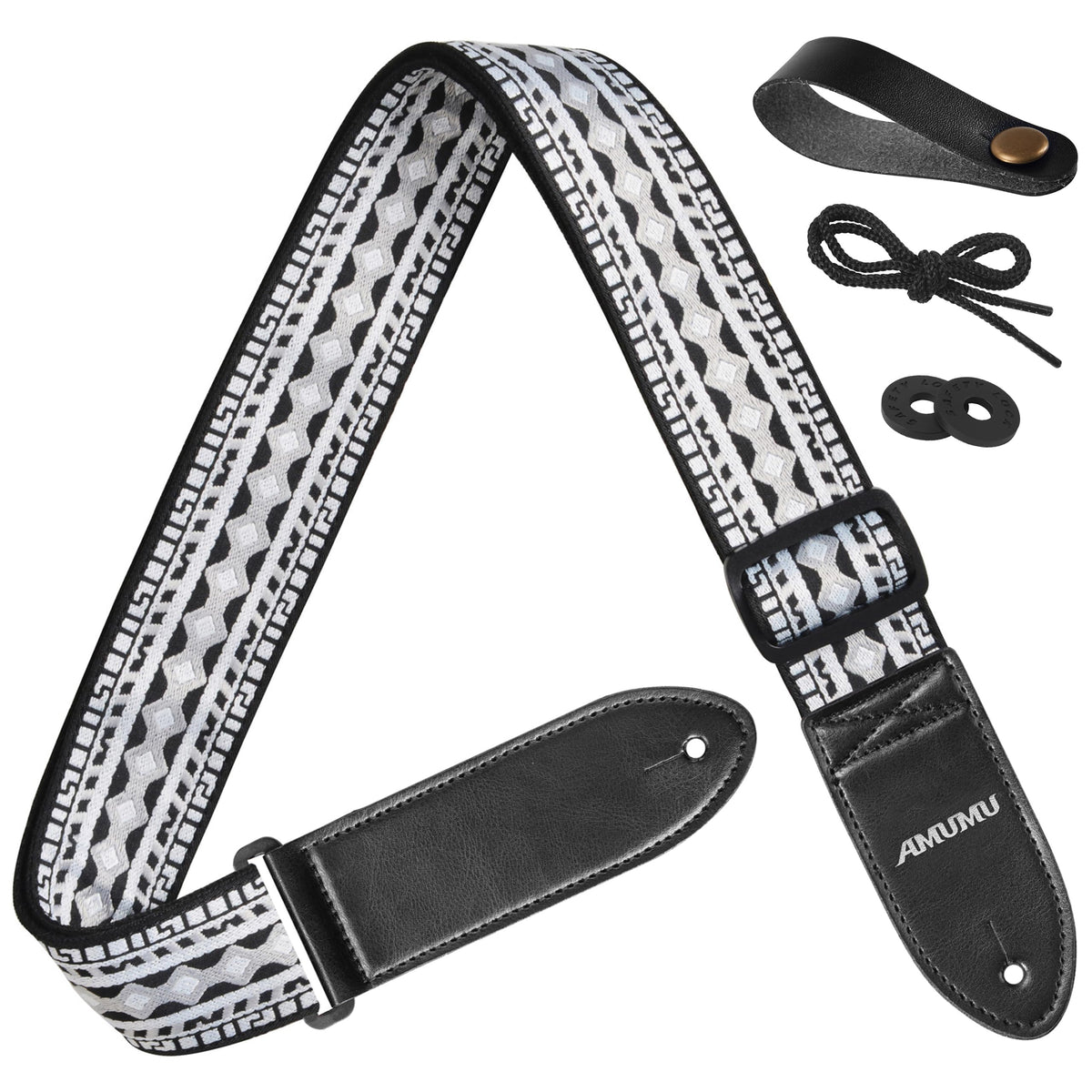 Amumu Guitar Strap Hootenanny Black White Cotton For Acoustic, Electric And Bass Guitars With Strap Blocks & Headstock Strap Tie