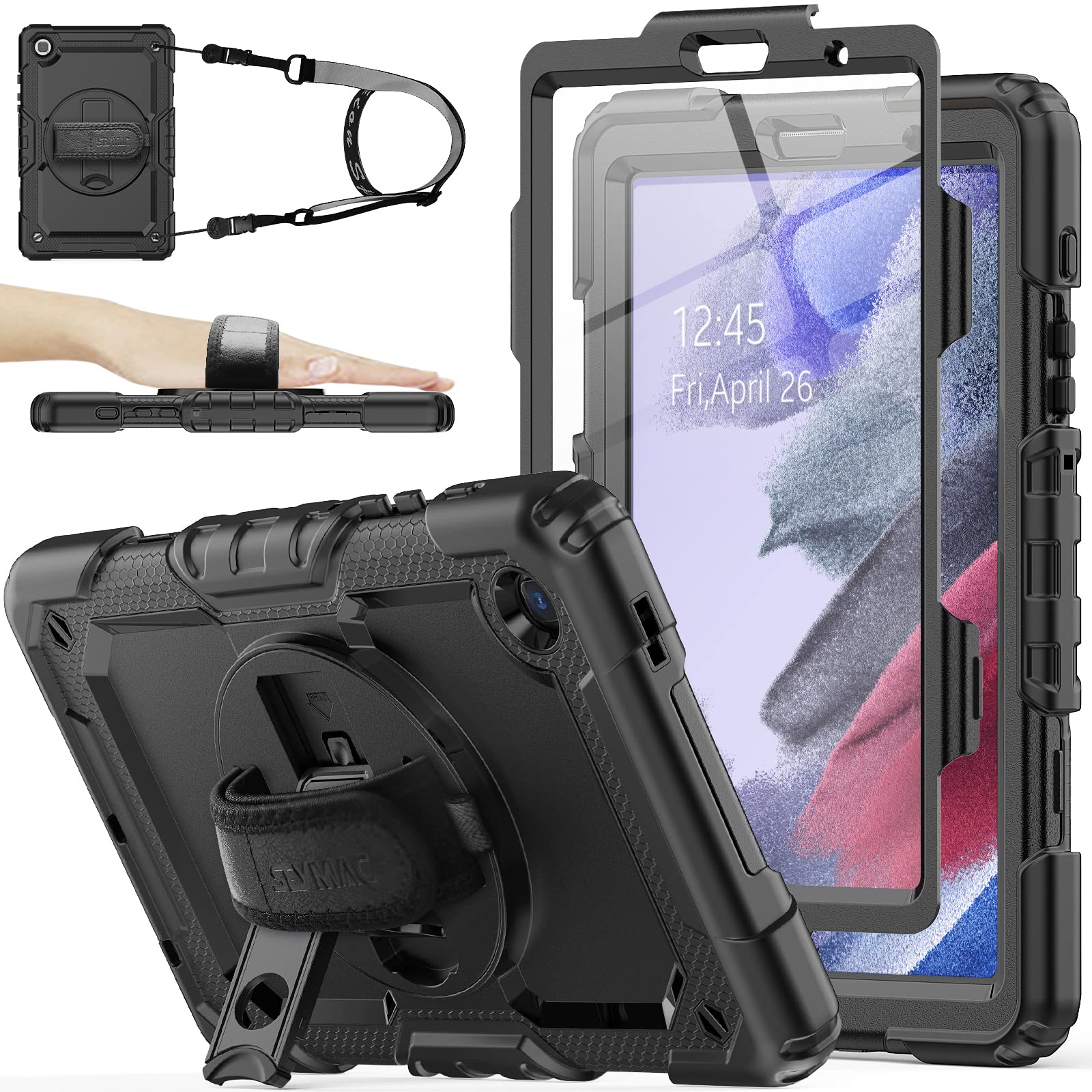 SEYMAC stock Case for Samsung Galaxy Tab A7 Lite 8.7 with Screen Protector Pencil Holder [360 Rotating Hand Strap] &Stand, Dro