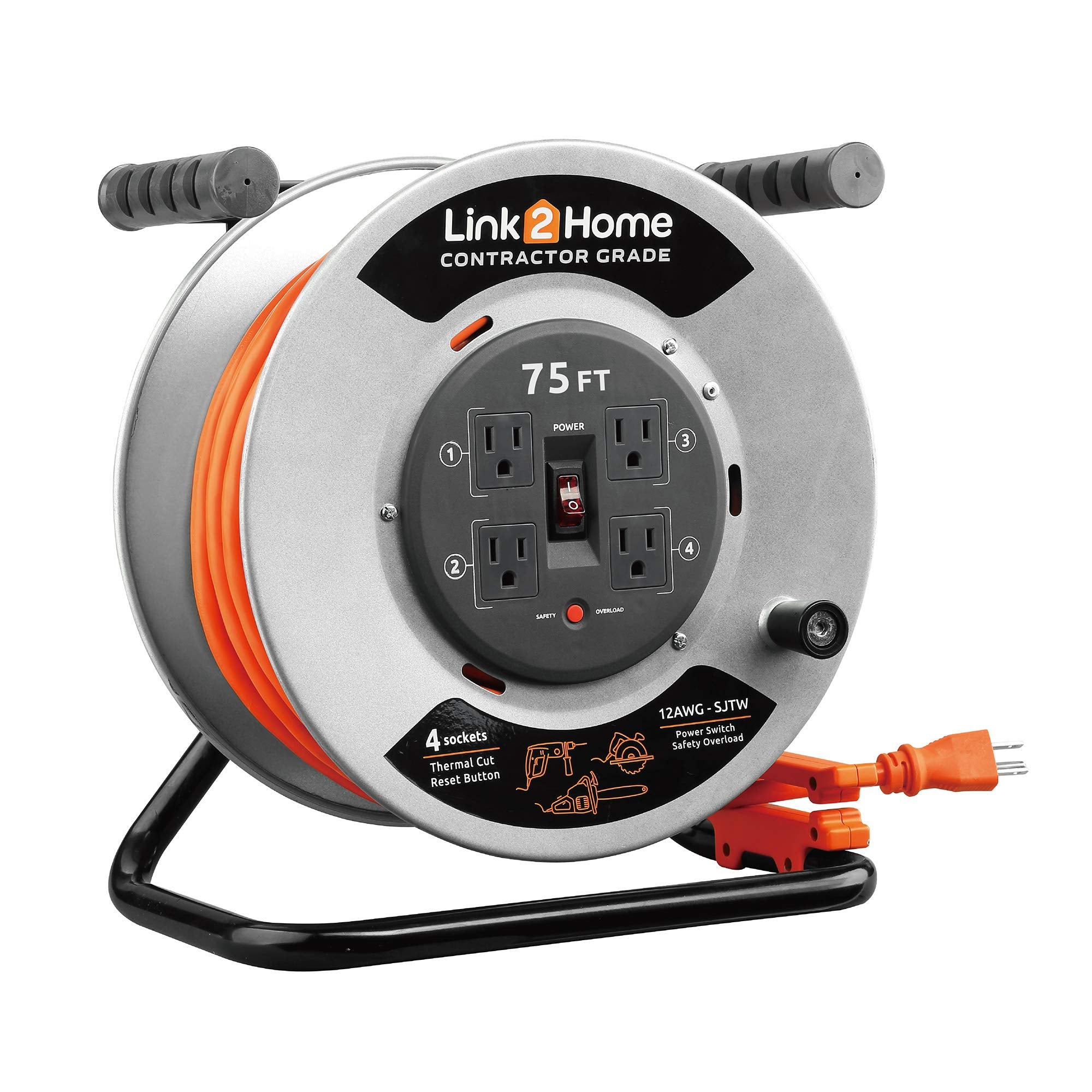 Link2Home Contractor Grade Retractable Extension Cord Reel 75 Ft. With 4 Outlets & Heavy Duty/High Visibility 3 Prong Sjtw Cord