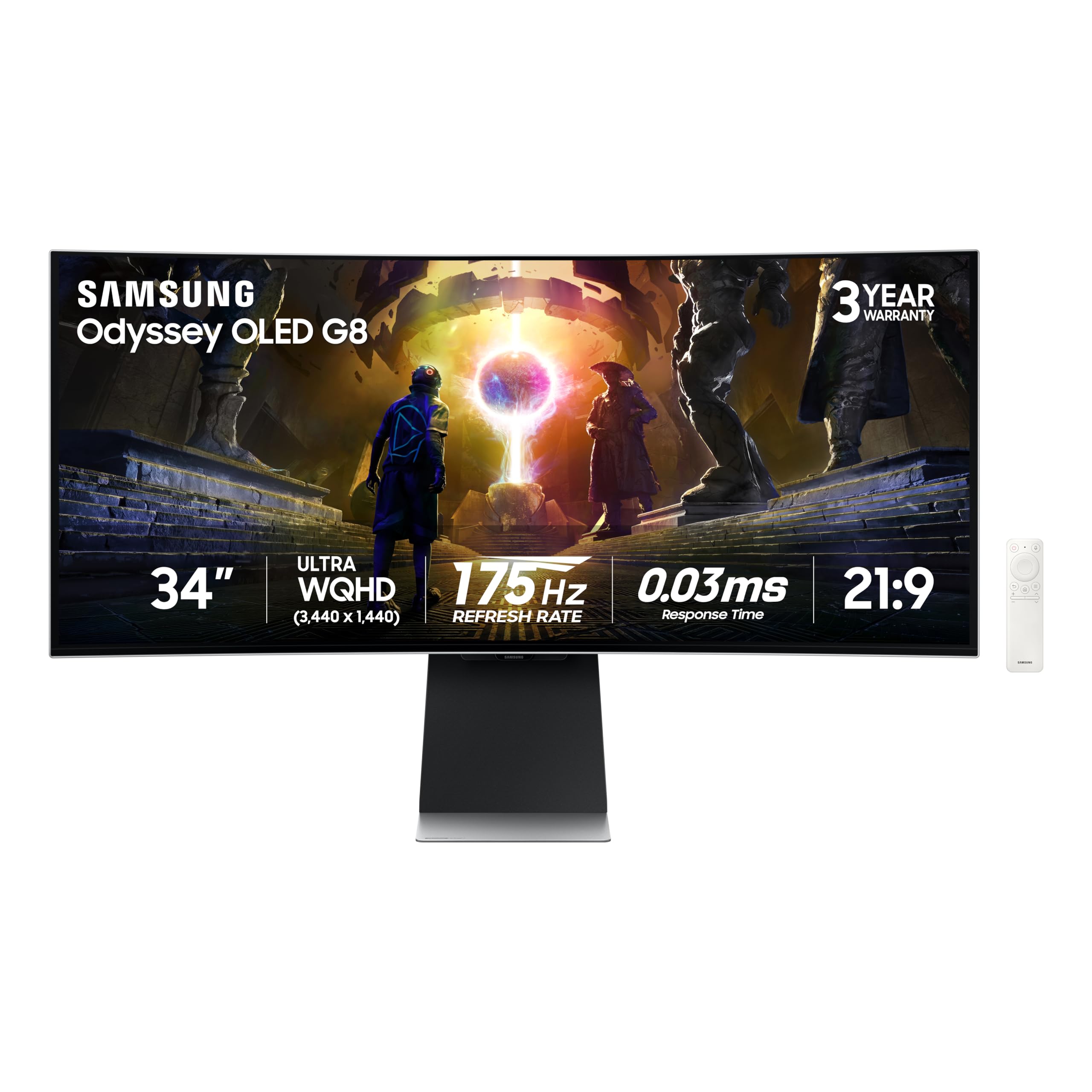 Samsung 34 Odyssey OLED G8 (G85SD) Series 4K Ultra-QWHD QD-OLED G-Sync Compatible Curved Gaming Monitor, 175Hz, 0.03ms, Glare-Fr