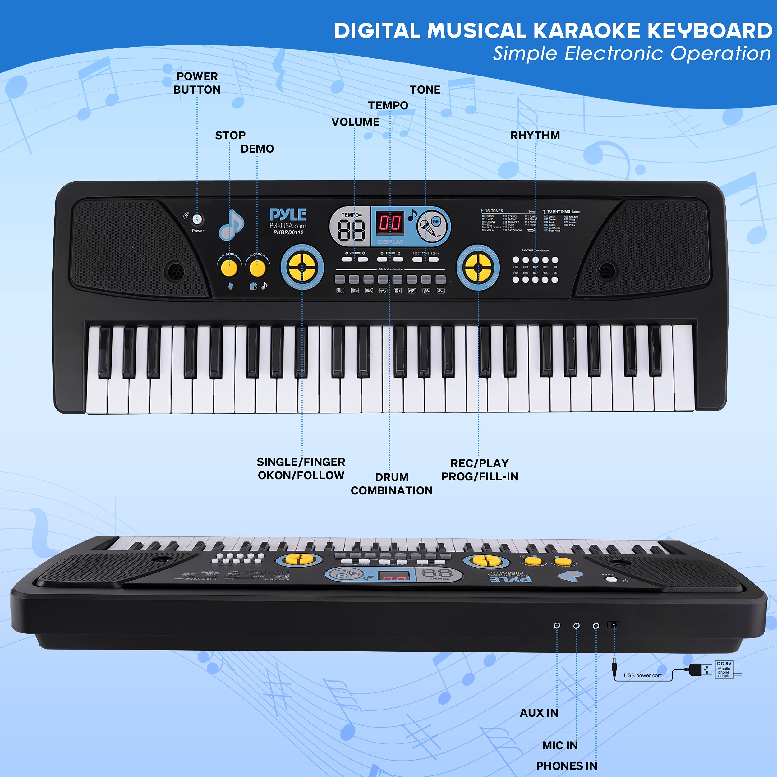 Pyle, Electric Keyboard 61 Keys Portable Digital Musical Karaoke Piano Keyboard 10 Rhythms 16 Tones, Stereo Speakers, Rechargeab