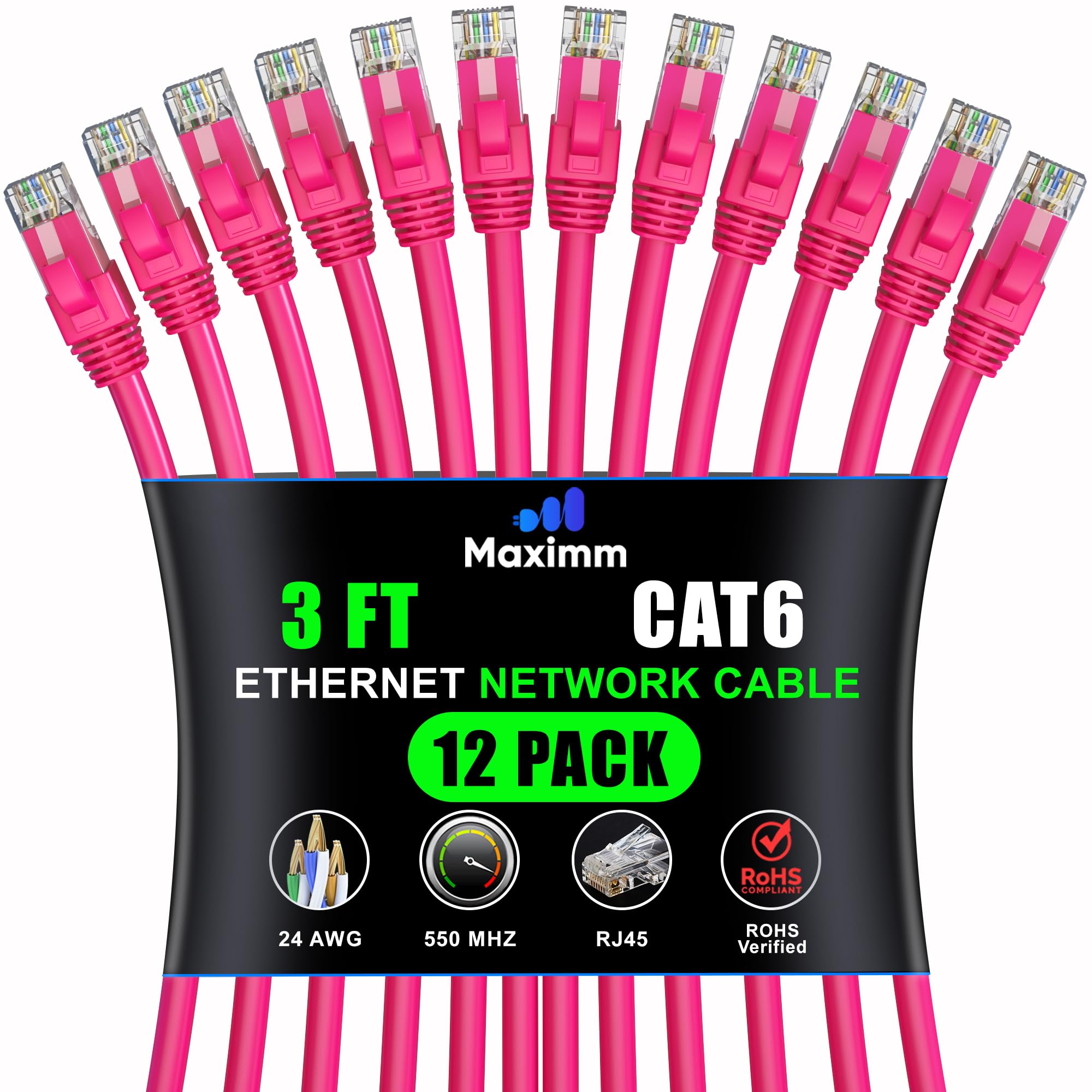 Maximm Cat 6 Ethernet Cable 3 Ft (12 Pack)   High Speed Lan Cable, Internet Cable, Patch Cable, And Network Cable   Utp, 10Gbps, 550Mhz Ethernet Cord   Pink