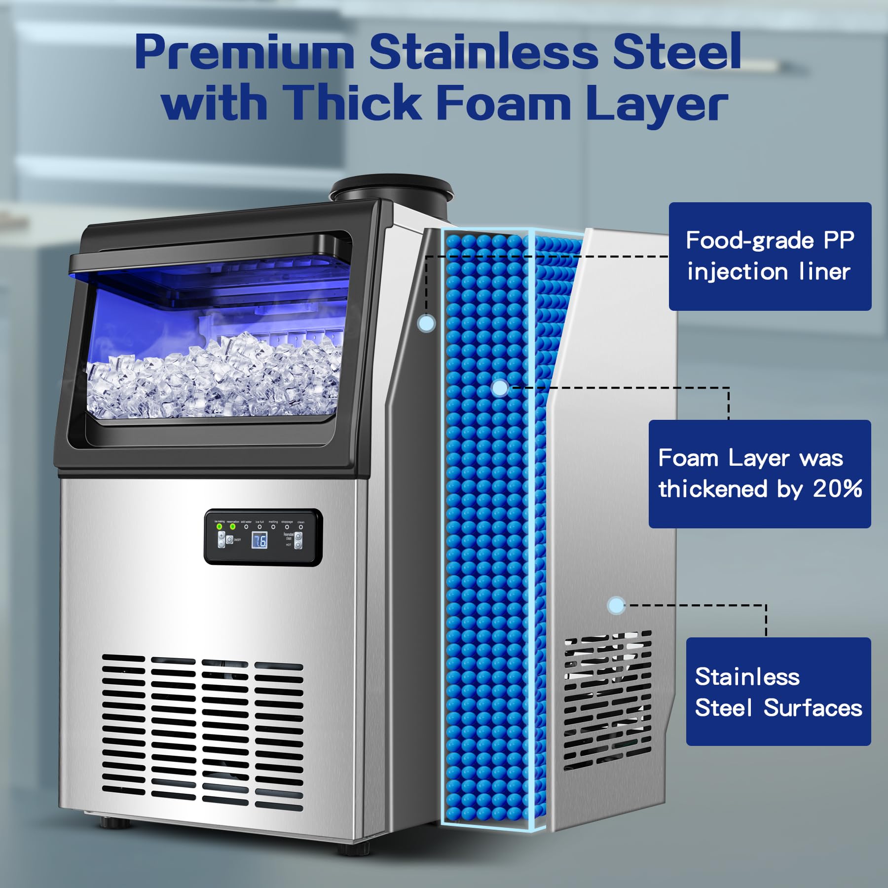 Amzgachfktch Commercial Ice Maker 110Lbs/24H Ice Machine With 2 Water Inlets, Under Counter Ice Maker With 22Lbs Storage, 40Pcs