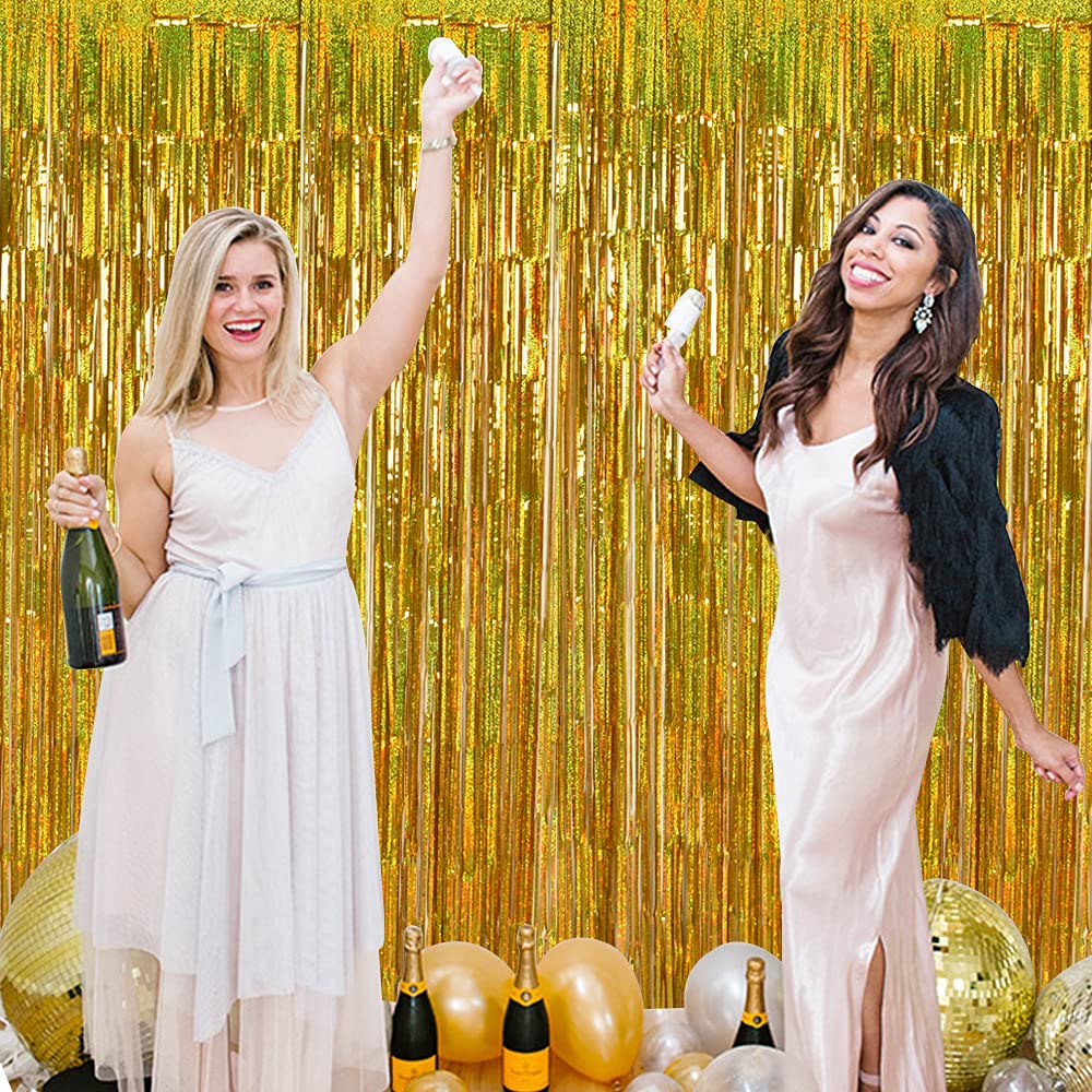 Toniful 3Pcs Laser Gold Door Streamers, Metallic Foil Fringe Curtains For Birthday, Christmas, New Year, Bachelorette, Graduatio