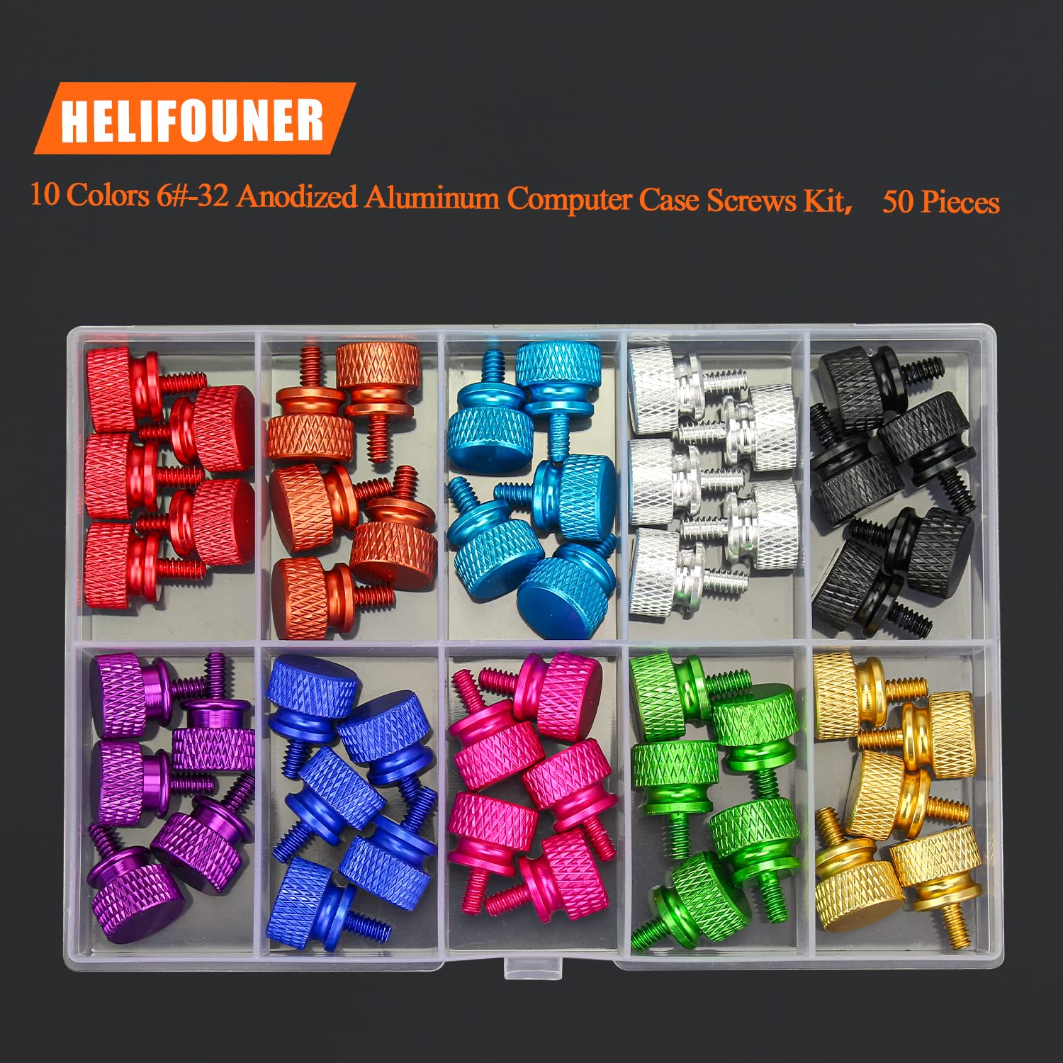 Helifouner 50 Pieces 6 32 Thread Anodized Aluminum Computer Case Thumbscrews, Thumb Screws Assortment Kit For Computer Case/Cove
