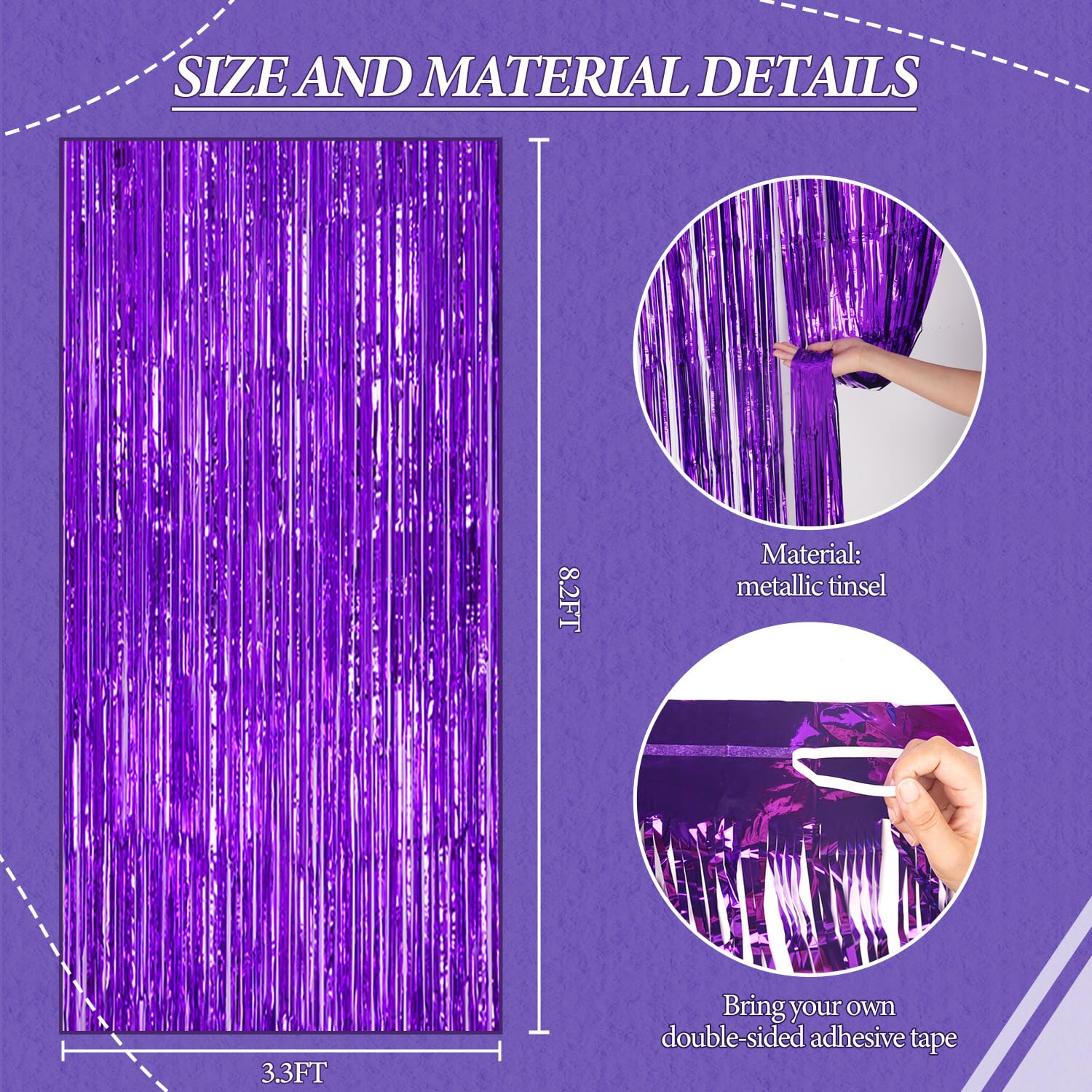 Decockrat 3 Pack Foil Fringe Backdrop   Purple Shiny Tinsel Curtains For Party Decoration/Photo Booth Props   3.3X8.2 Ft Metalli