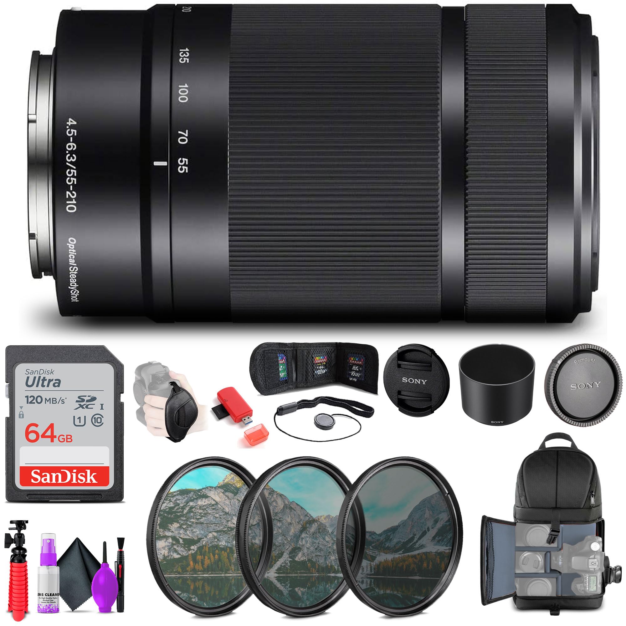 Sony E 55-210mm f/4.5-6.3 OSS Lens (Black) + 3 Piece Filter Kit + Backpack + 64GB Memory Card + Flexible Tripod + Memory Card Wa