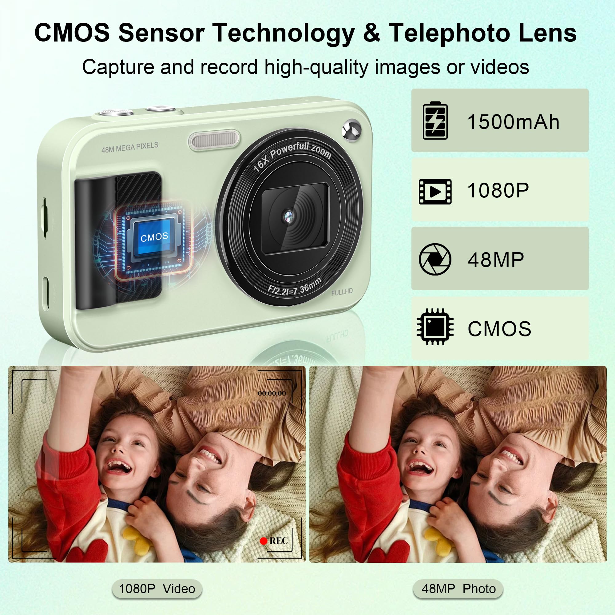 Jvscam Digital Camera, Autofocus 48Mp Point And Shoot Digital Cameras, Fhd 1080P Kids Camera With 32Gb Card, 16X Zoom Anti Shake