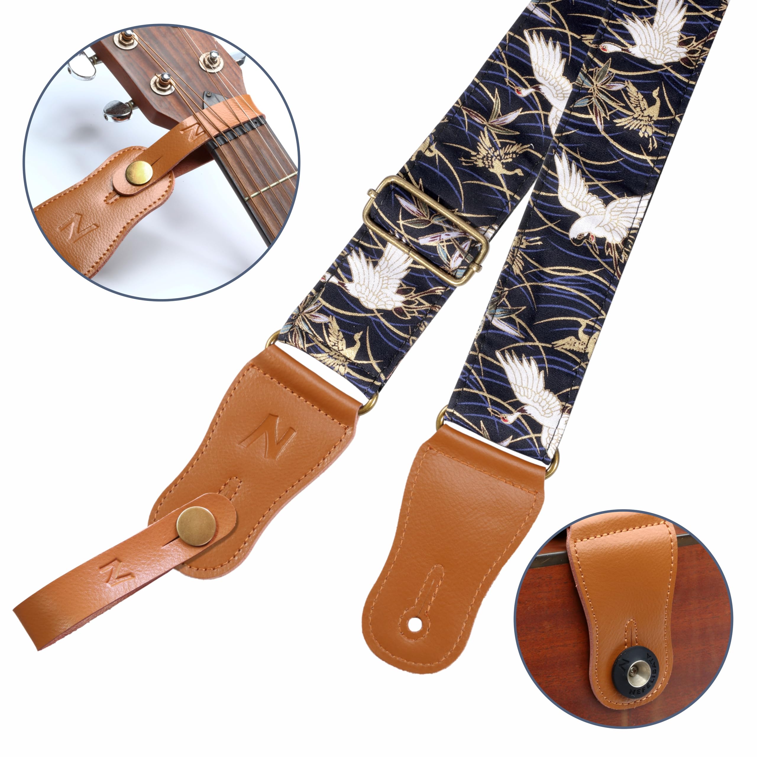 Nefelibata Guitar Strap,Japan Hot Bronzing Cotton Acoustic Guitars Straps With Genuine Leather Ends For Electric Guitar,Bass & U