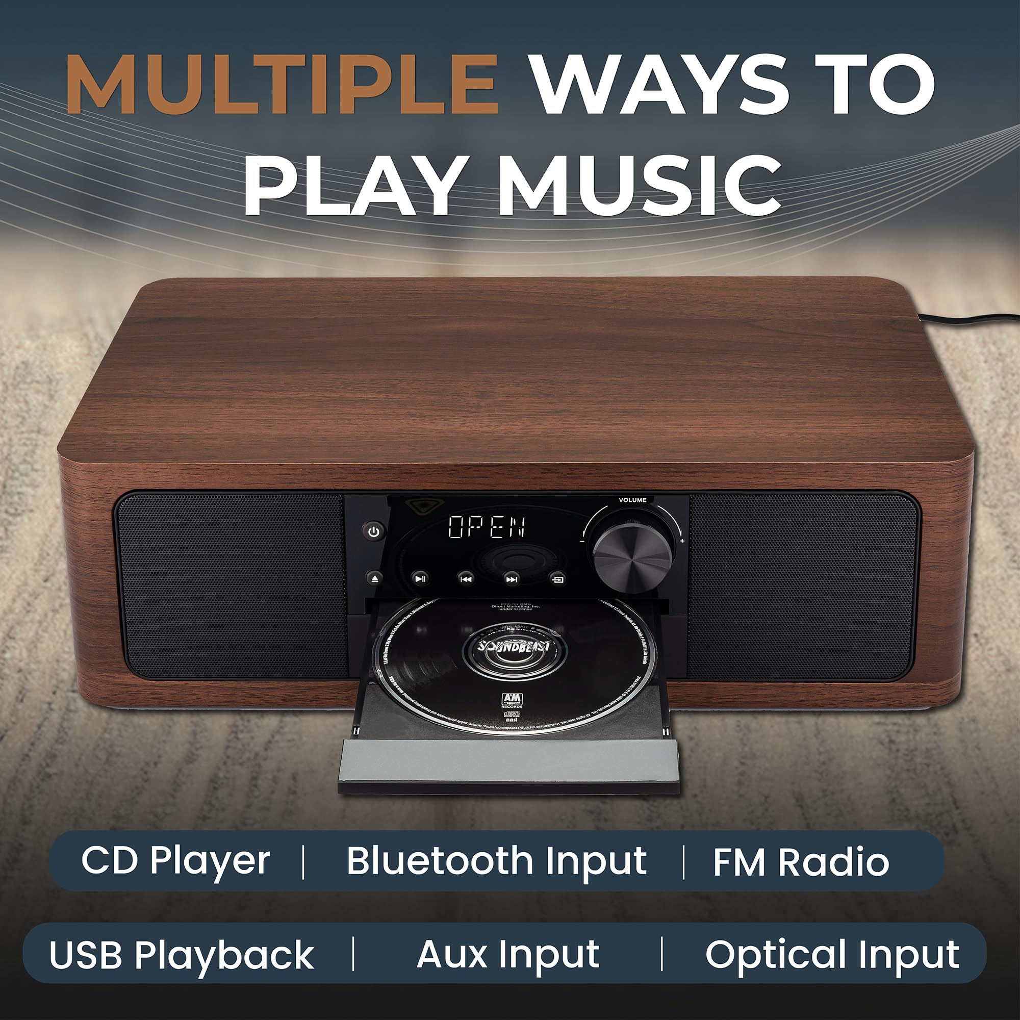 Soundbeast Stereo Shelf System With Cd Player, Bluetooth, Fm Radio, Usb Playback, Aux In, Optical In, Alarm Clock, & Remote Cont