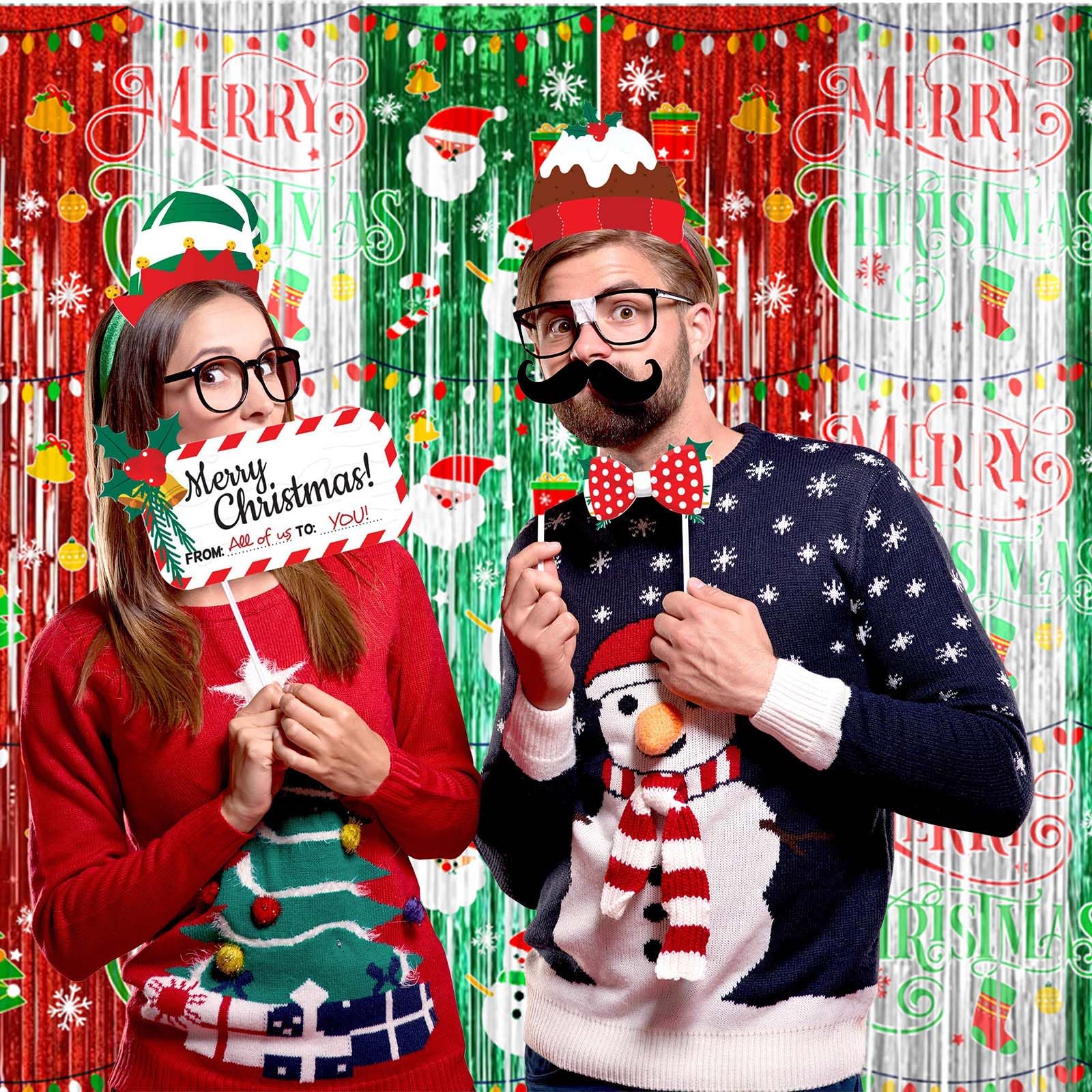 Avezano 3Pcs Christmas Party Decorations Merry Christmas Foil Fringe Curtains For Kids & Adults Selfie Picture Backdrop Holiday