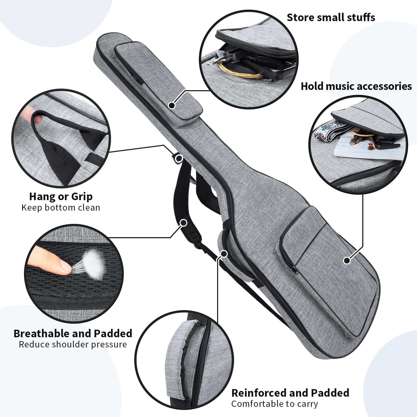 Muztop Bass Guitar Bag, 7Mm Padding Bass Guitar Gig Bag Padded Soft Electric Bass Guitar Case Backpack With Pockets, Grey