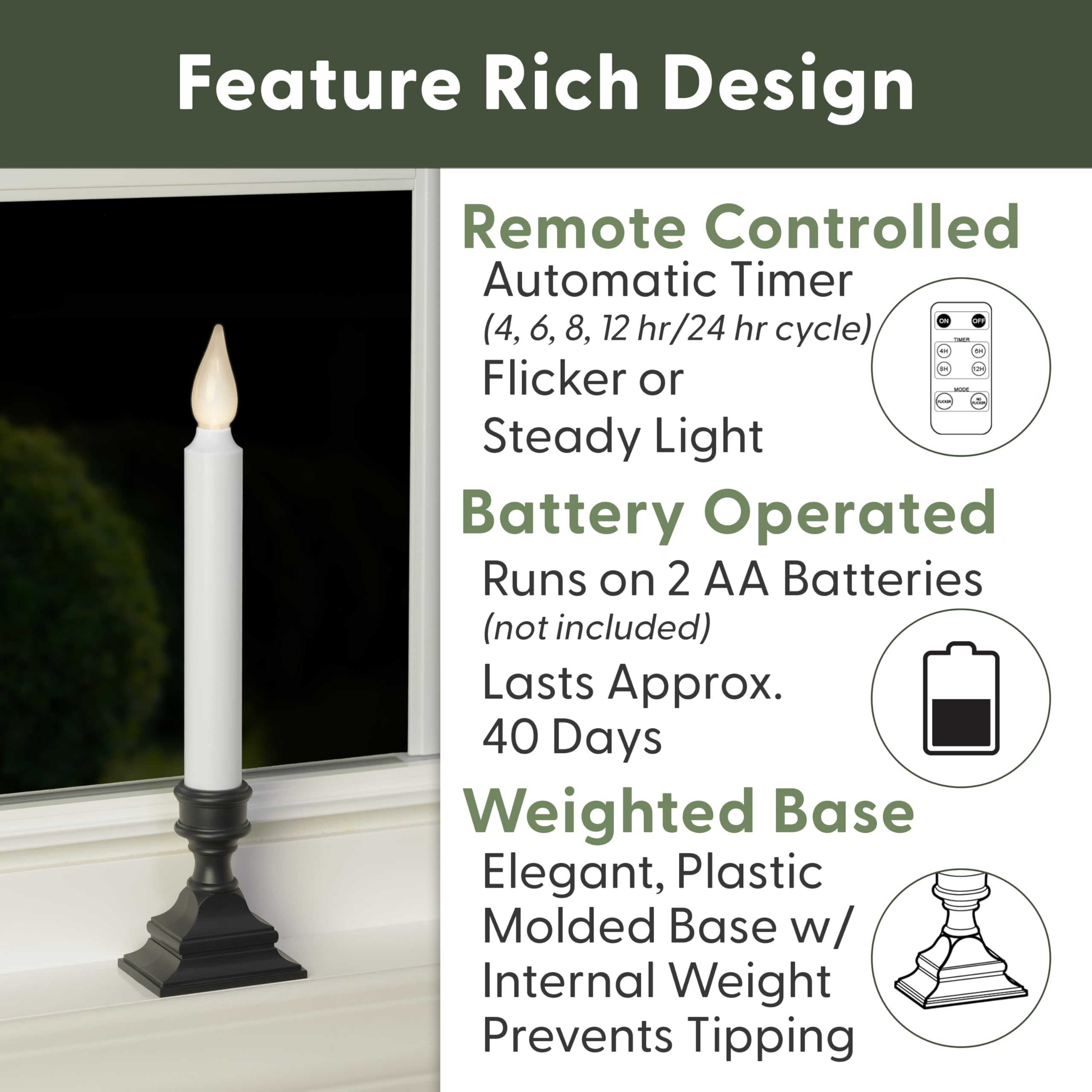 612 Vermont Led Battery Operated Window Candles With Timer, Remote Control, Bright Hot Spot, Flicker Or Steady On, Vt R1506A 4 (