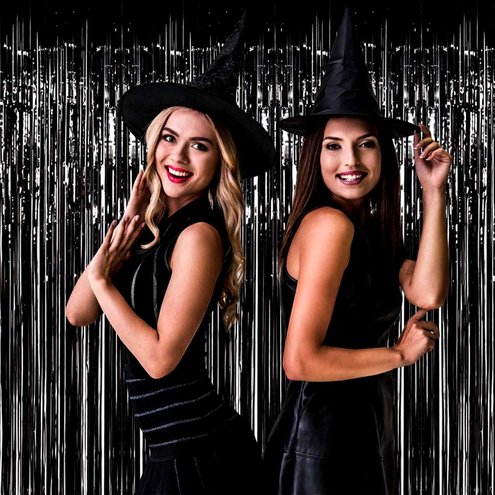 Halloweendecorate 4 Pack Black Foil Fringe Curtain Backdrop, 3.28Ft X 8.2Ft Metallic Tinsel Streamer Curtains For Party, Photo B