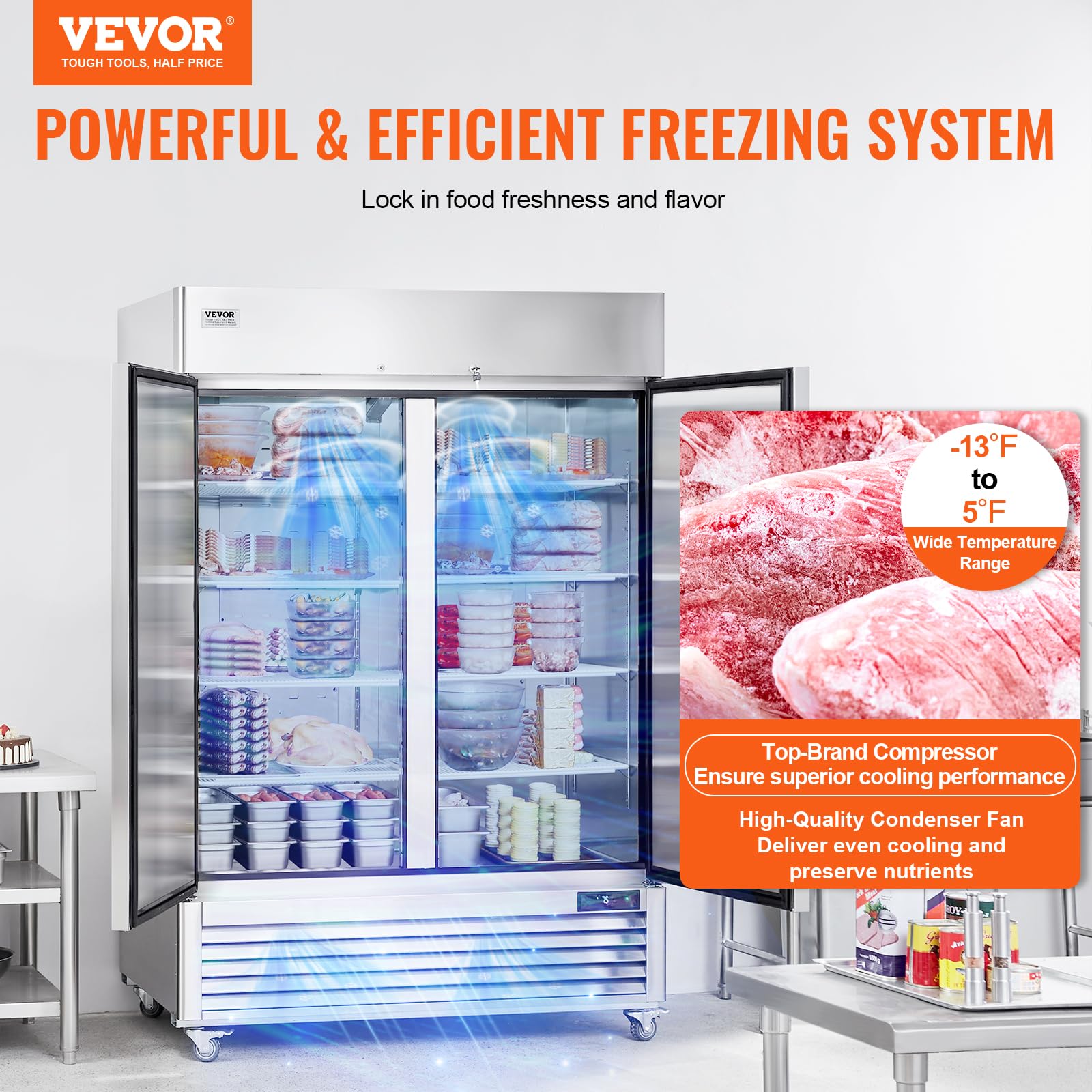 Vevor Commercial Freezer 44.21 Cu.Ft, Reach In 54.4 W Upright Freezer 2 Doors, Auto-Defrost Stainless Steel Reach-In Freezer Wit
