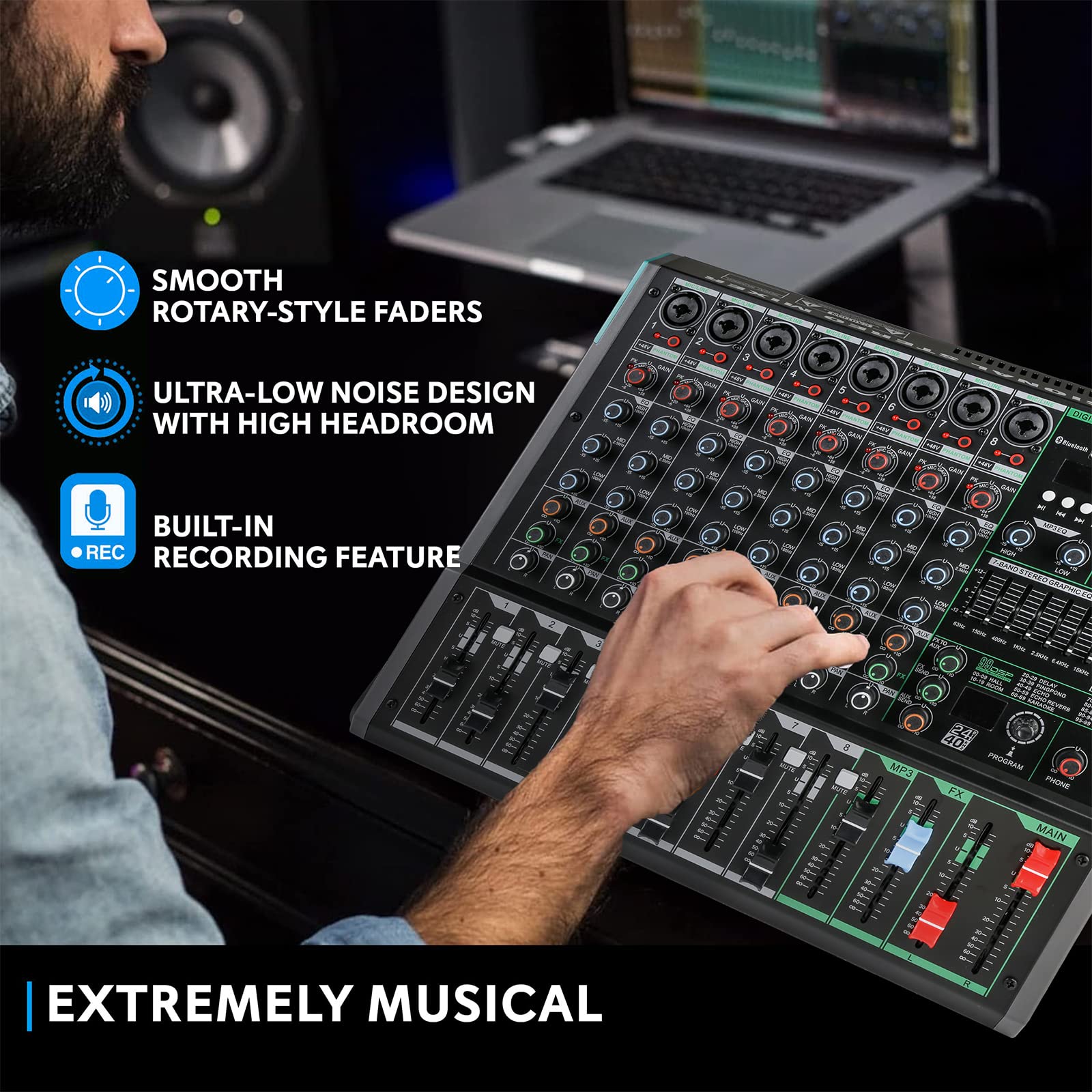 MAD OWL 8 Channel DJ Mixer Board - Professional Digital Audio Mixer with 99 DSP Effects, USB Sound Card for Music Production & Streaming