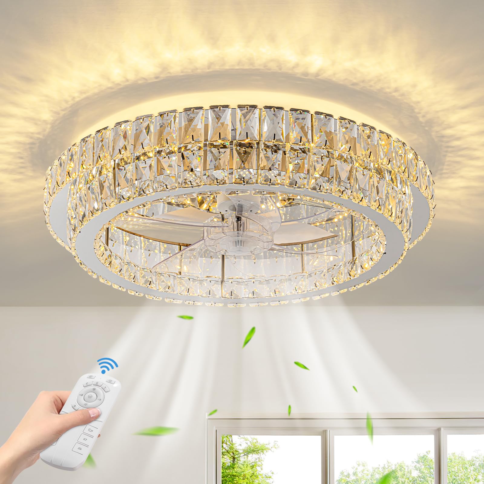 Zswanbei Fandelier Ceiling Fan with Lights and Remote Control Dimmable Crystal Ceiling Fan LED 3 Color 6 Speeds Chandelier Fan B