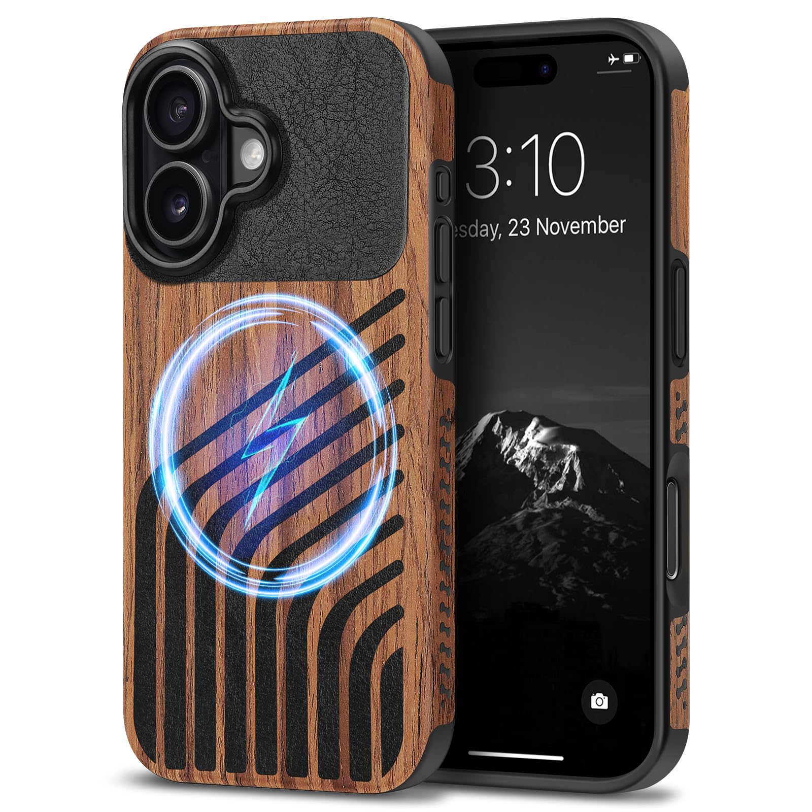 TENDLIN Magnetic Case Compatible with iPhone 17 Case Wood Grain with Carbon Fiber Texture Design Leather Hybrid Slim Cover (Comp