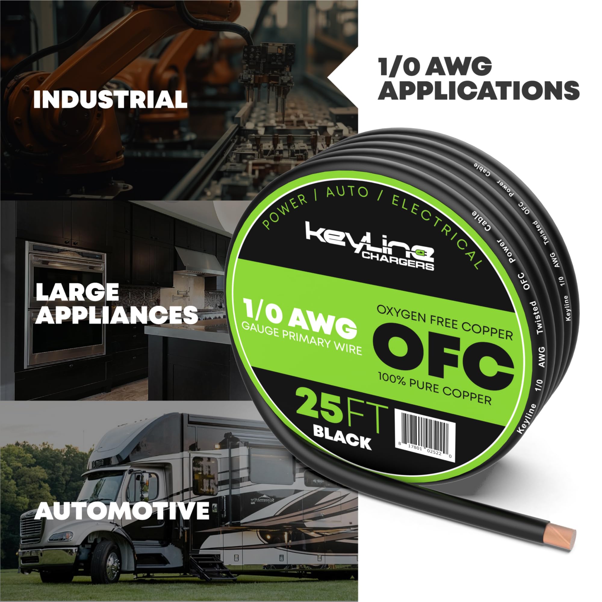 Ofc Black 1/0 Awg Gauge Wire Oxygen Free Copper   (25Ft), Automotive Wire, Power/Ground, Battery Cable, True Spec Welding & Auto