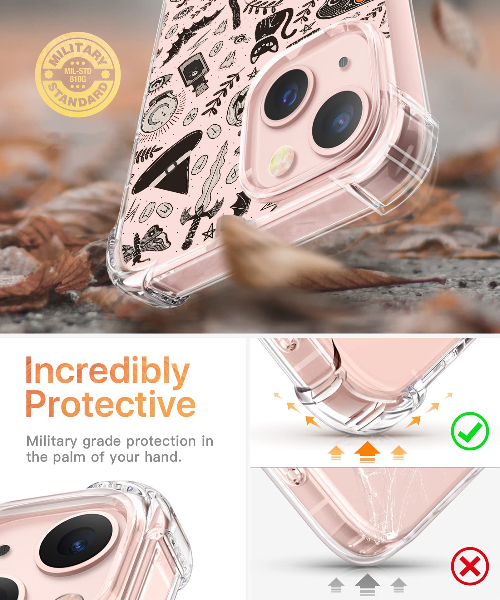 Vesidurt Black Halloween Clear Case For Iphone 13,Pumpkin Skull Bat Pattern For Men Women,Trendy Transparent Soft Tpu Bumper Cas
