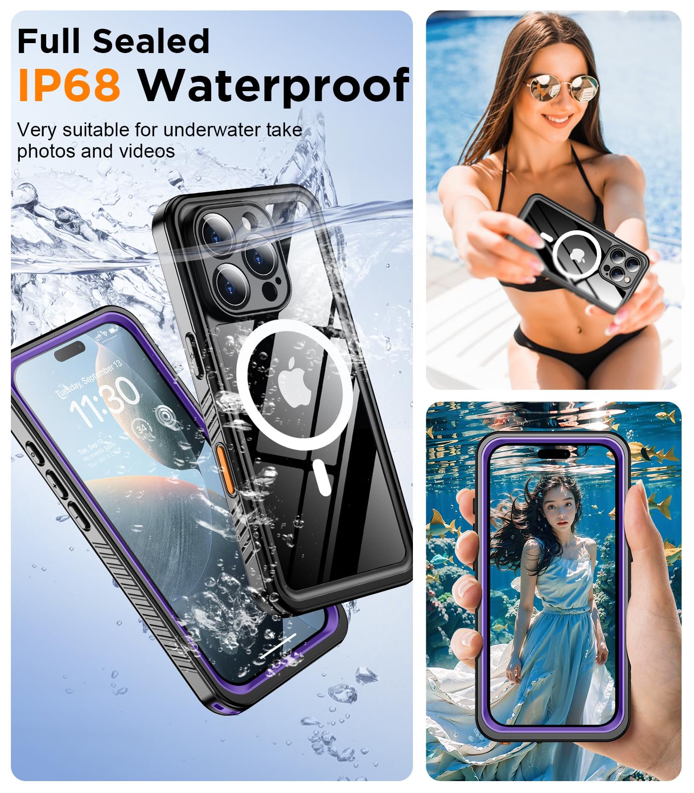 Temdan Magnetic For Iphone 16 Pro Case Waterproof,Built In Screen Protector[Ip68 Underwater][Upgrade Military Dropproof][Compati