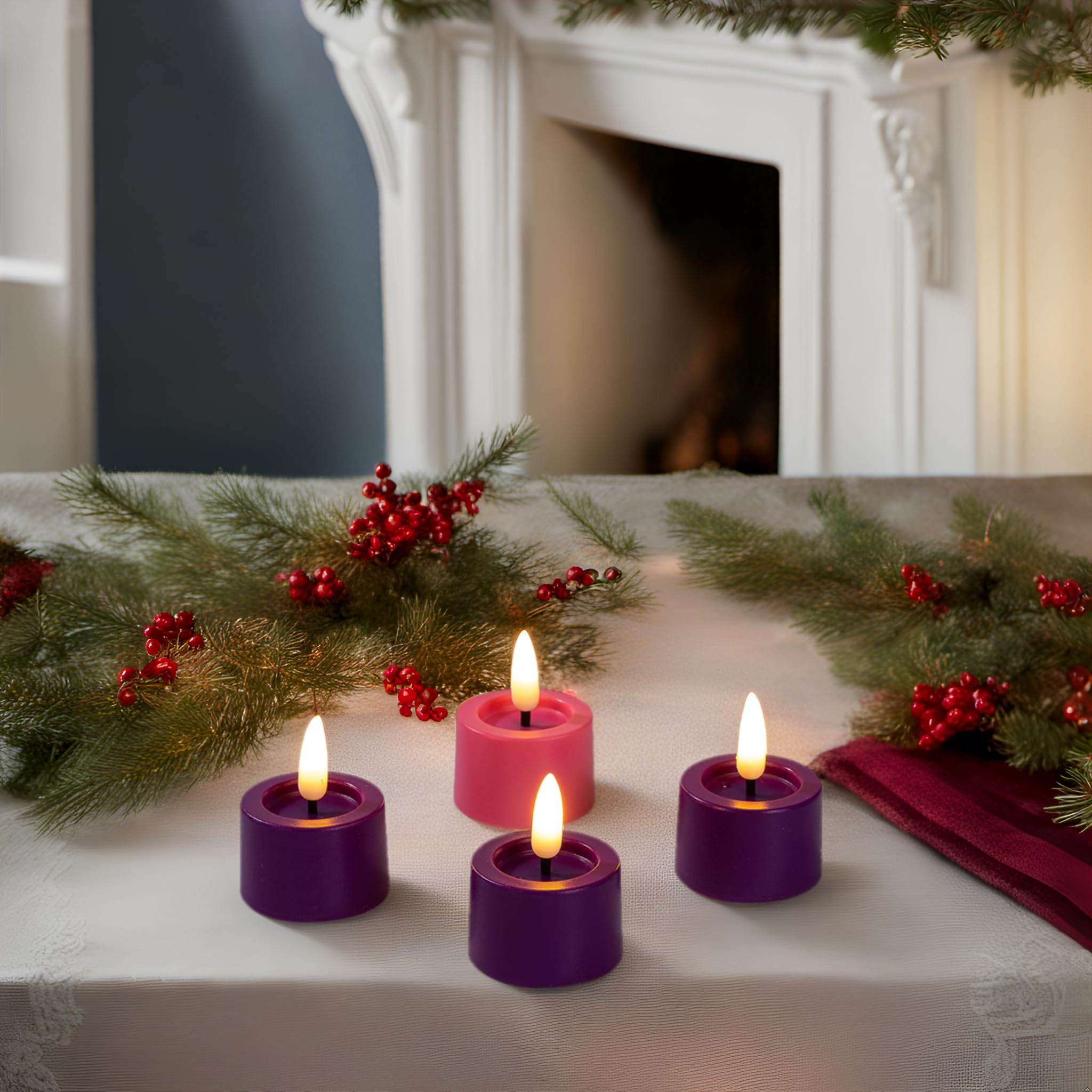Simplelight Pack Of 12 Battery Tea Lights With Timer, Purple & Pink Tea Lights Candles Battery Operated, Advent Wreath With Flam
