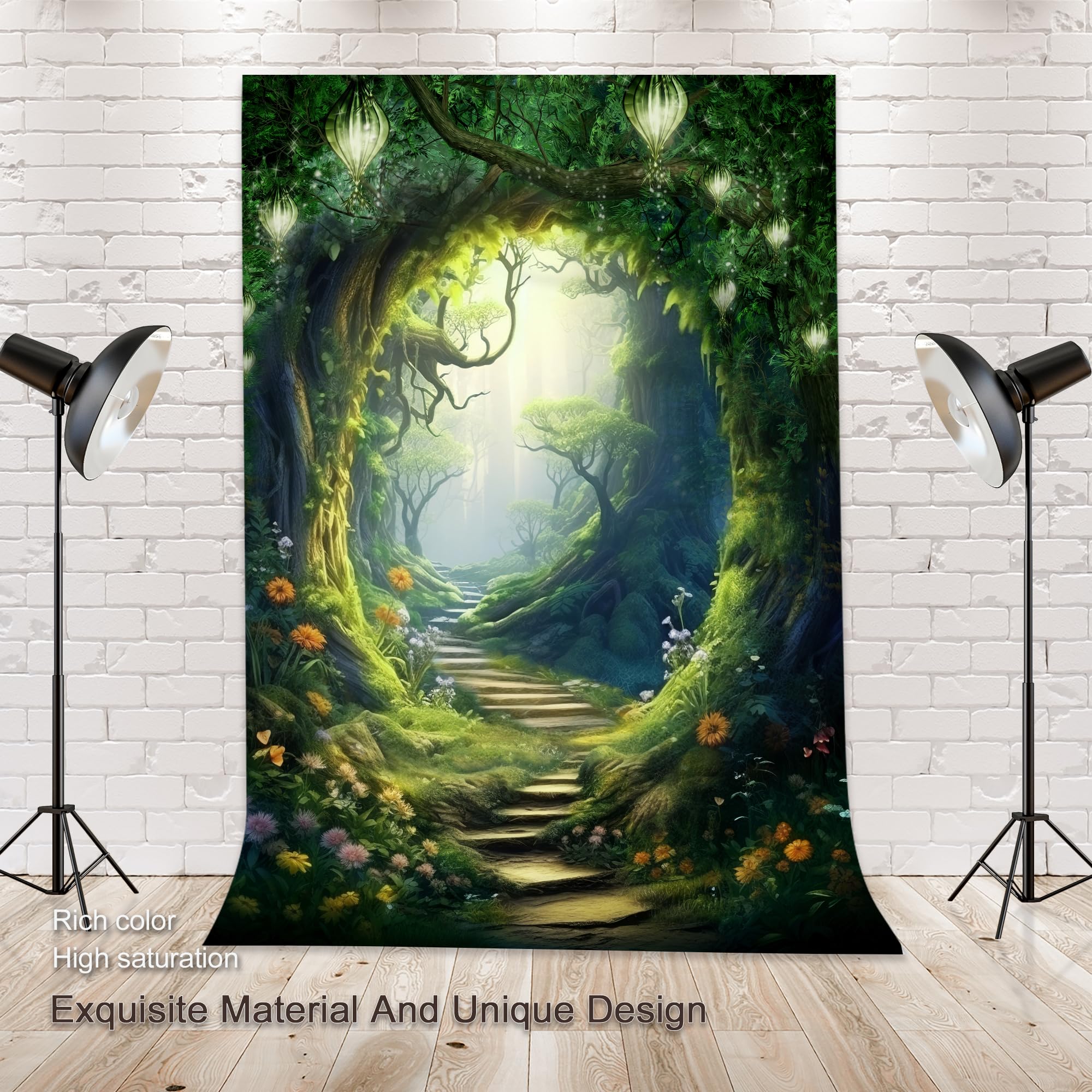 Omifly Enchanted Woodland 5W*7H Backdrop For Photography Fairy Tale Wonderland Greenery Garden Green Tree Spring Background Part