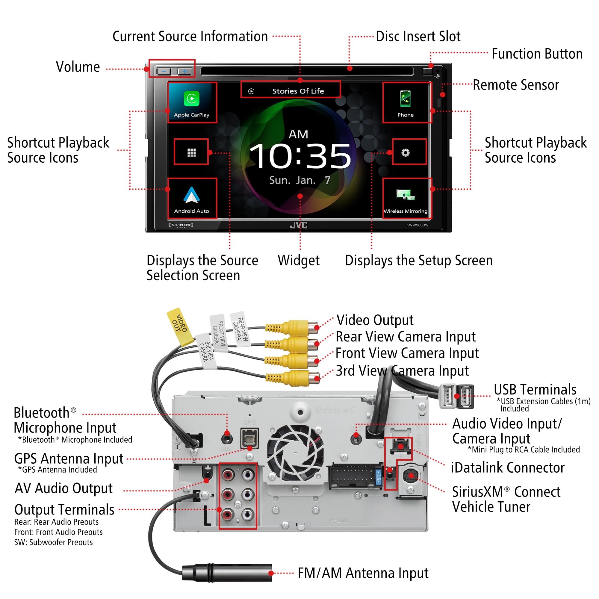 Jvc Kw-V960Bw Built In Wi-Fi For Wireless Carplay Android Auto, Cd/Dvd 6.8 Lcd Touchscreen Display, Am/Fm, Bluetooth, Mp3 Player