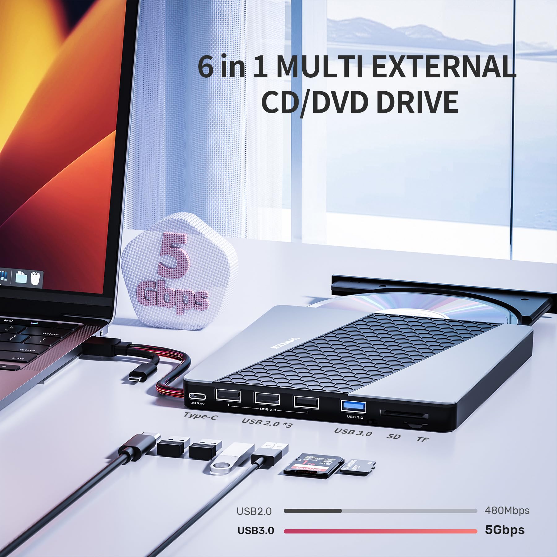 Unitek External Cd Dvd Drive, Usb3.0/Usb C 7 In 1 Portable Cd Dvd Player With Card Reader Usb Hub Cd Rom Burner Reader Supports