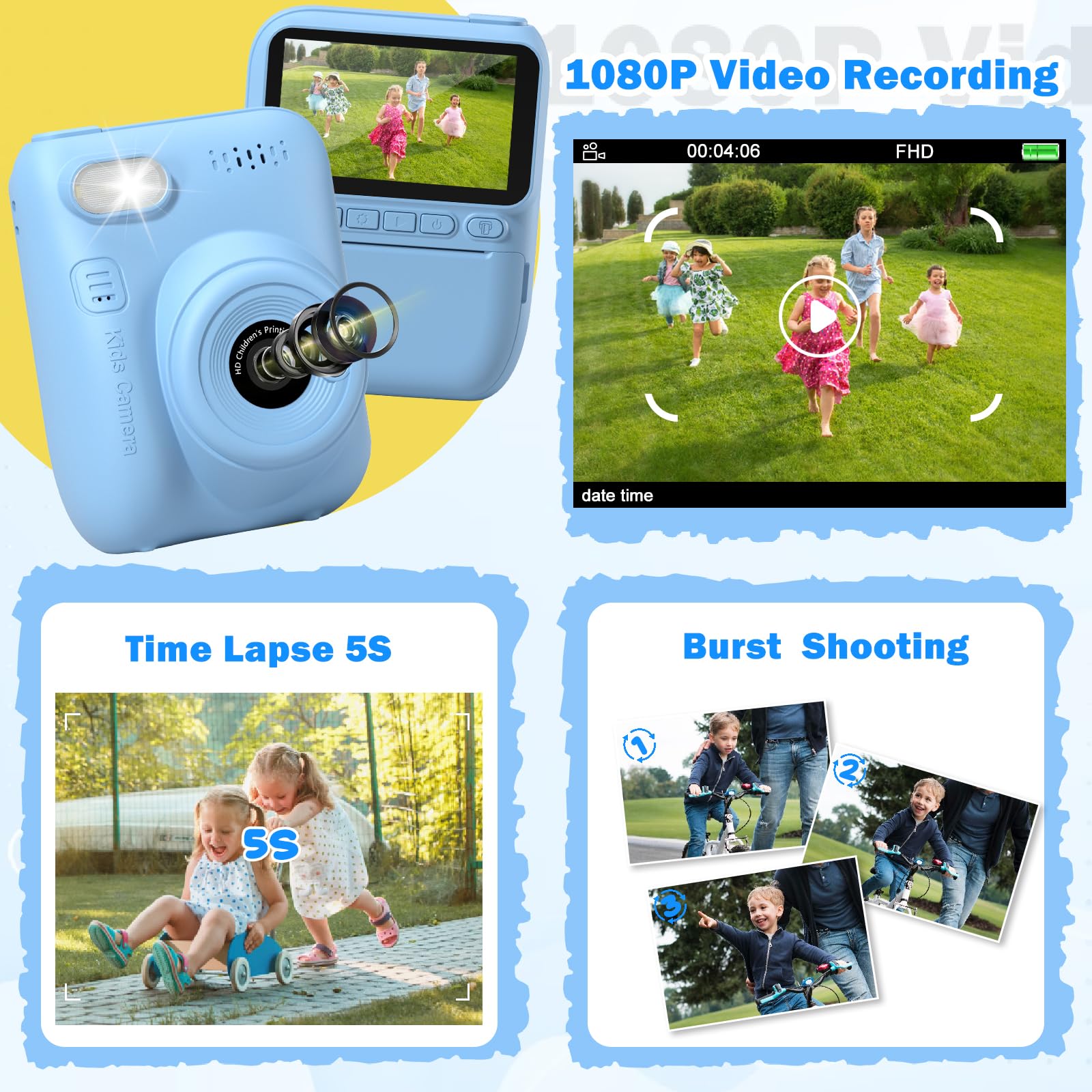 Kids Camera Instant Print, 3.0 Inch Hd Screen, Toddler Camera With Printing Paper, 1080P Video Kids Digital Camera, Birthday Gif