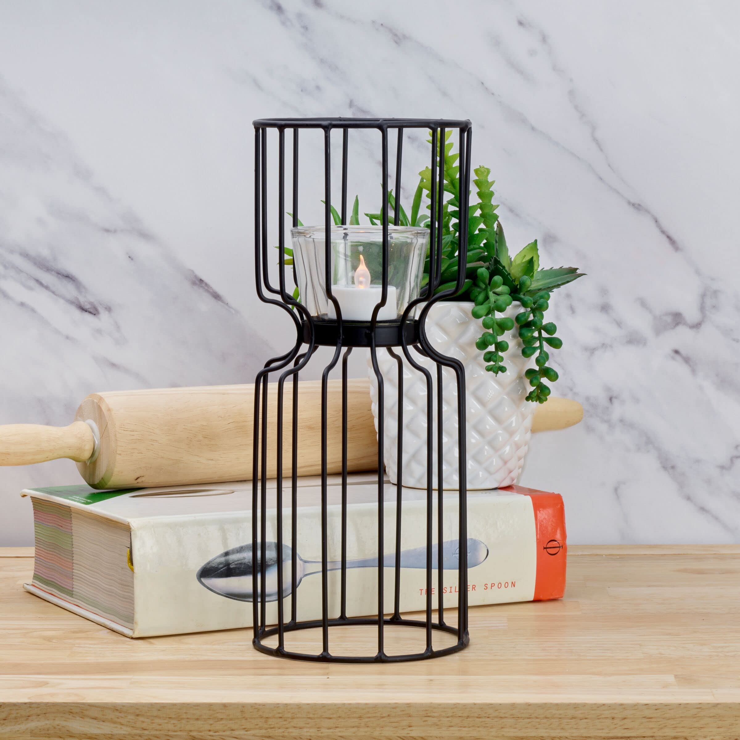 Elements 5.12X5.12X11.42 Inch Black Metal Wire With Clear Glass Votive Holder, For Use With Wax Or Flameless Candle