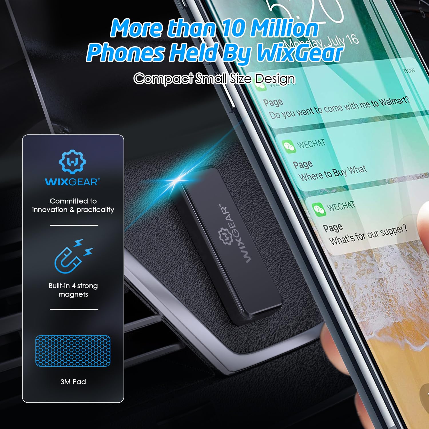 Wixgear Magnetic Phone Car Mount, Universal Stick On Rectangle Flat Dashboard Magnetic Car Mount Holder, For Cell Phones And Min