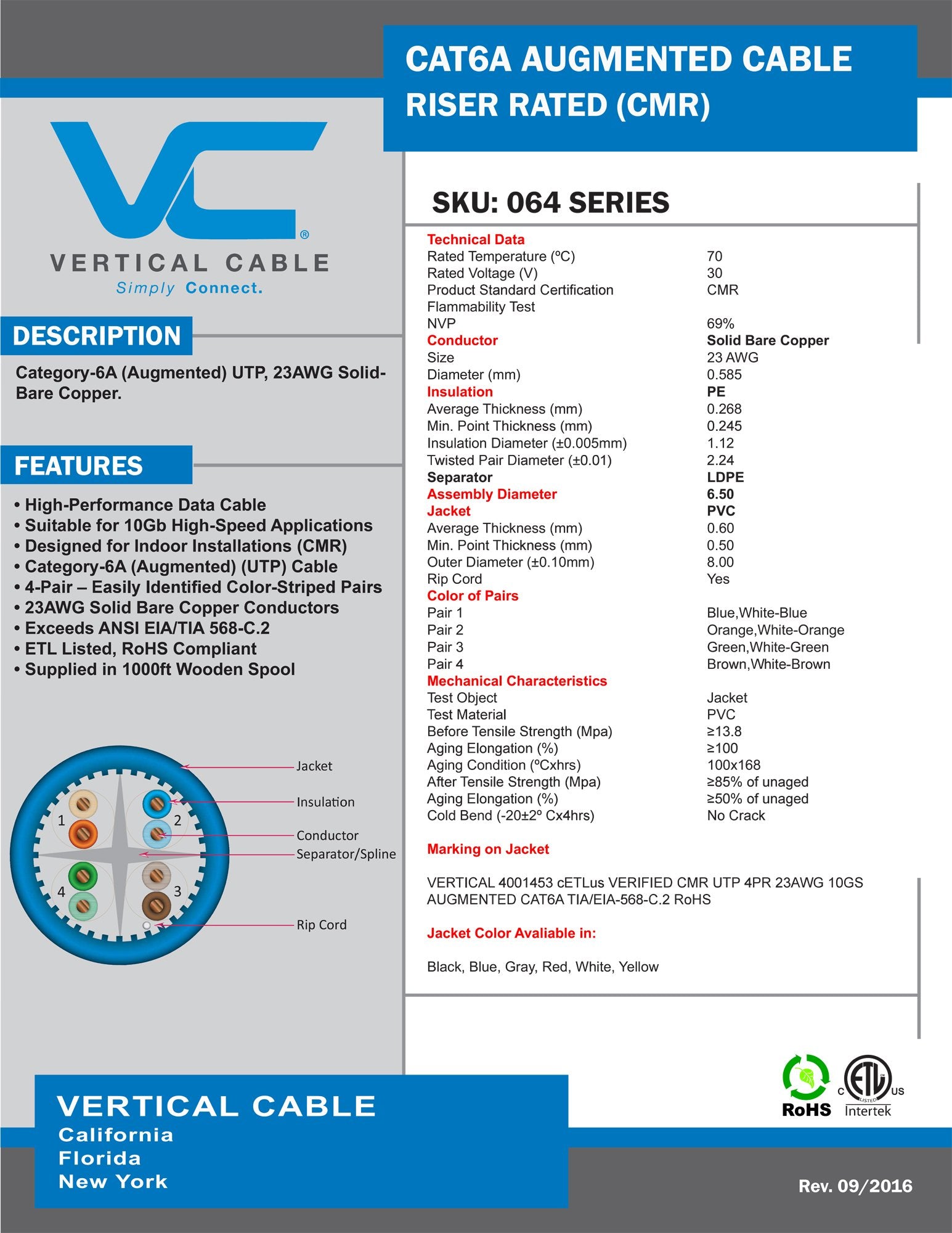 Vertical Cable Cat6A 10G, Utp, 23Awg, Solid Bare Copper, Pvc, 1000Ft Bulk Ethernet Cable, Black