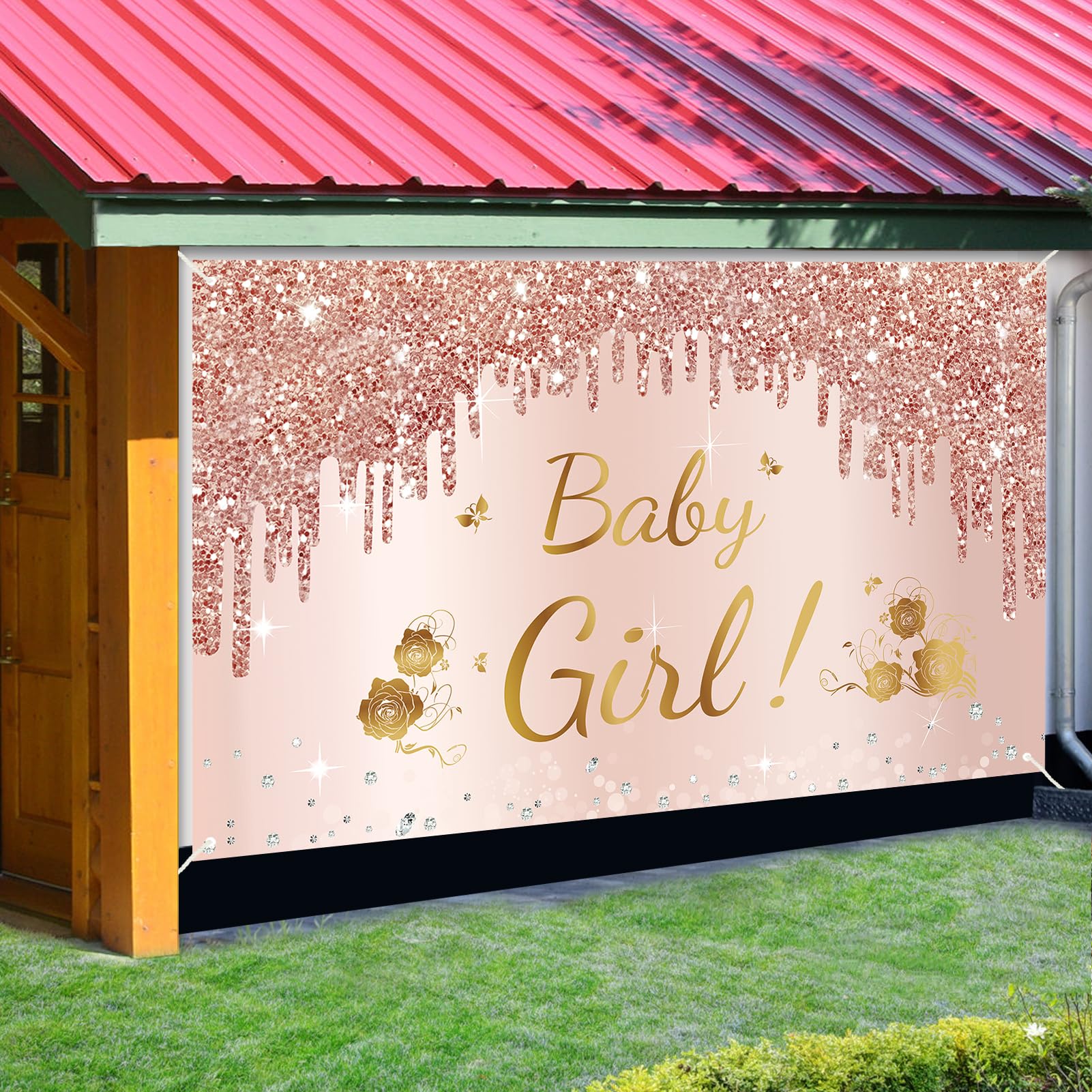 Baby Shower Decorations Baby Girl Banner, Pink Rose Gold Baby Girl Shower Backdrop Party Supplies, Pink Sweet Baby Shower Poster