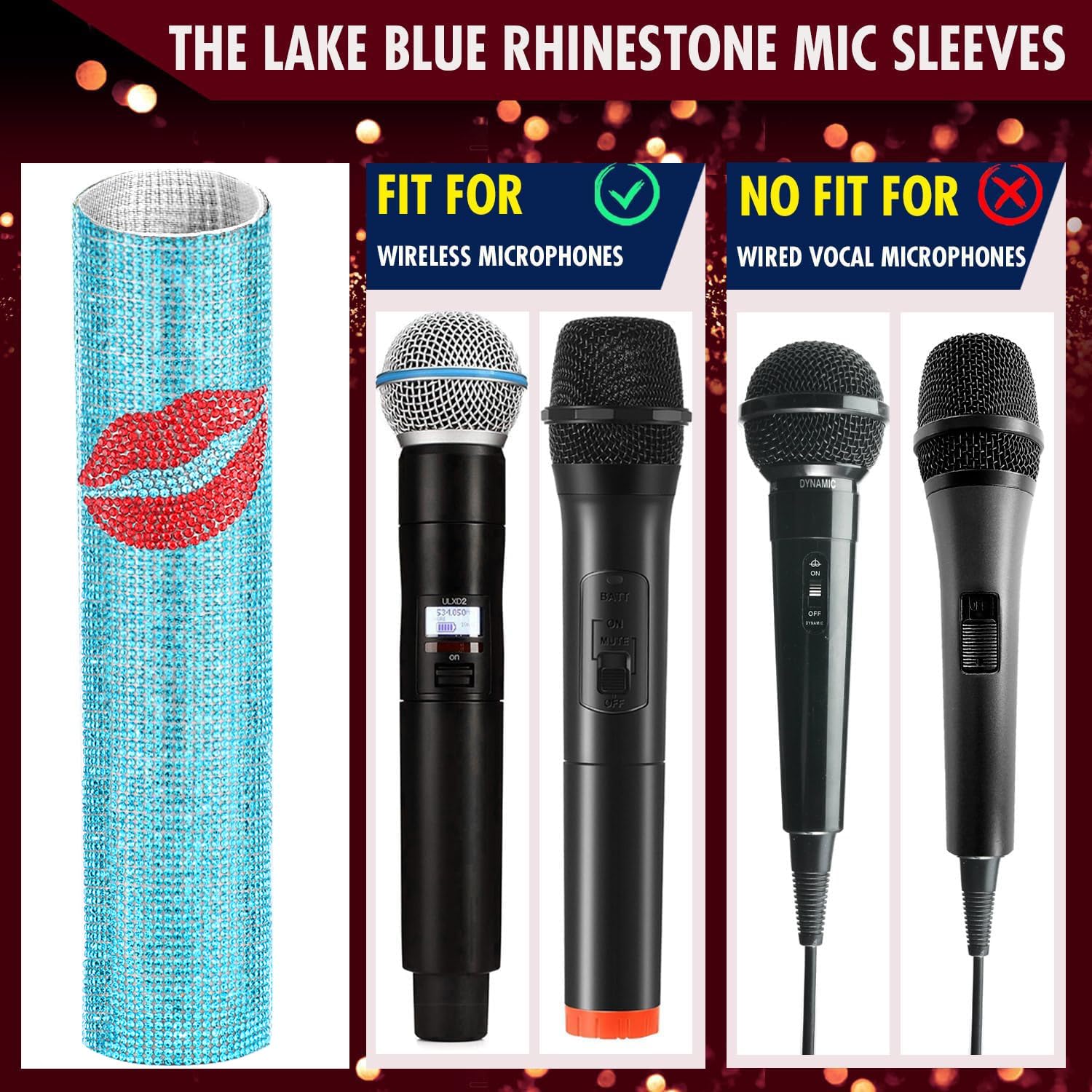 Facmogu Lake Blue Rhinestones Red Lips Microphone Decor Cover, Sparkly Crystal Mic Handle Cover For Universal Wireless Microphon