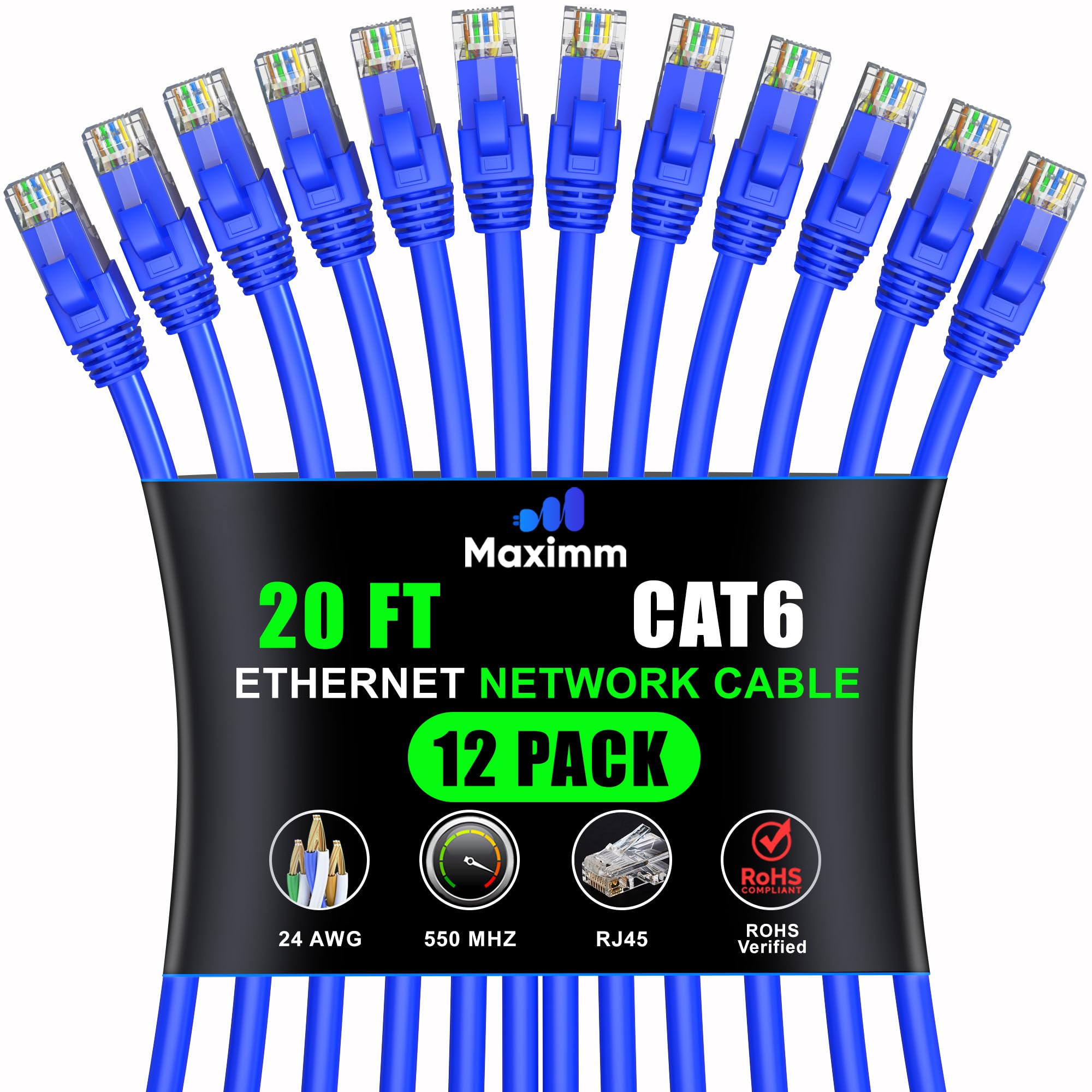 Maximm Cat 6 Ethernet Cable 20 Ft (12 Pack)   High Speed Lan Cable, Internet Cable, Patch Cable, And Network Cable   Utp, 10Gbps, 550Mhz Ethernet Cord   Blue